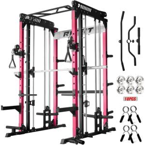 RitFit M1 & M1 Pro Smith Machine with Cable Crossover System, Multi-Function Squat Rack Power Cage for Home Gym, Power Rack and Packages(Pink)
