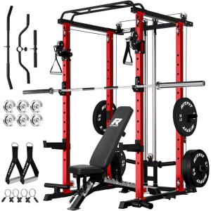 RitFit Multi-Function Squat Rack Power Cage PPC-P3 with Cable Crossover System, 1200LBS Capacity Power Rack and Packages with Optional Weight Bench, Barbell Weight Set, for Garage Workout & Home Gym(Red)