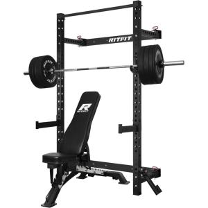 RitFit Multi-Functional Folding Squat Rack for Home Gym, 2.36” x 2.36” Wall Mounted Squat Rack with Attachments – Space Saving Squat Power Rack(Black)
