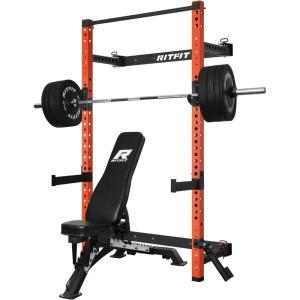 RitFit Multi-Functional Folding Squat Rack for Home Gym, 2.36” x 2.36” Wall Mounted Squat Rack with Attachments – Space Saving Squat Power Rack(Orange)
