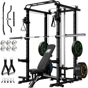 RitFit PPC-P3 Power Cage with Optional LAT PullDown/Cable Crossover, 1200LB Squat Rack for Home & Garage Gym, with Weight Storage Rack and More Training Attachments, ASTM-Certified(Black)
