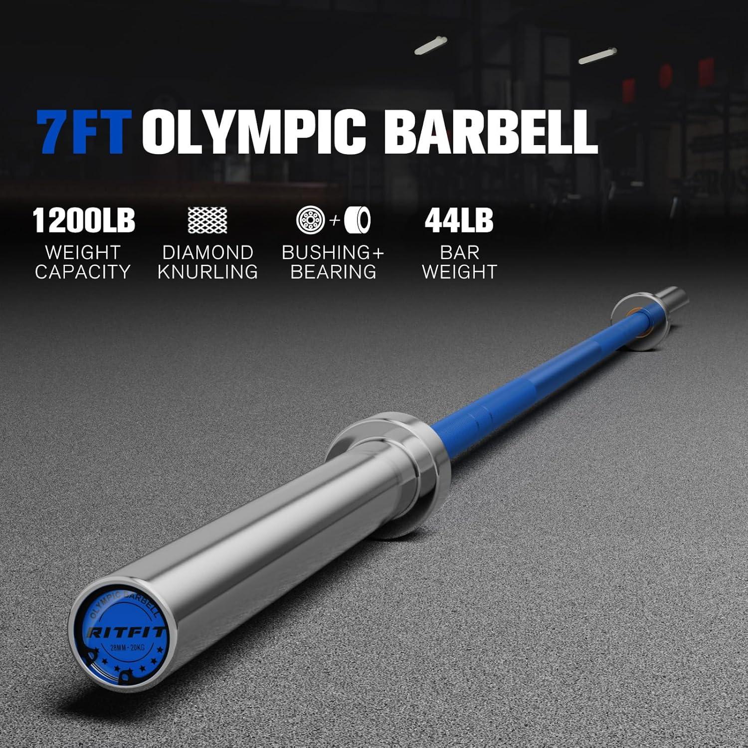 imageRITFIT 7FT Olympic Barbell for Strength and Weightlifting Training 2 Inch Olympic Bar for Squat Deadlift Bench Press Curl Overhead Press 600lbs1000lbs1200lbs CapacitySliverBlue