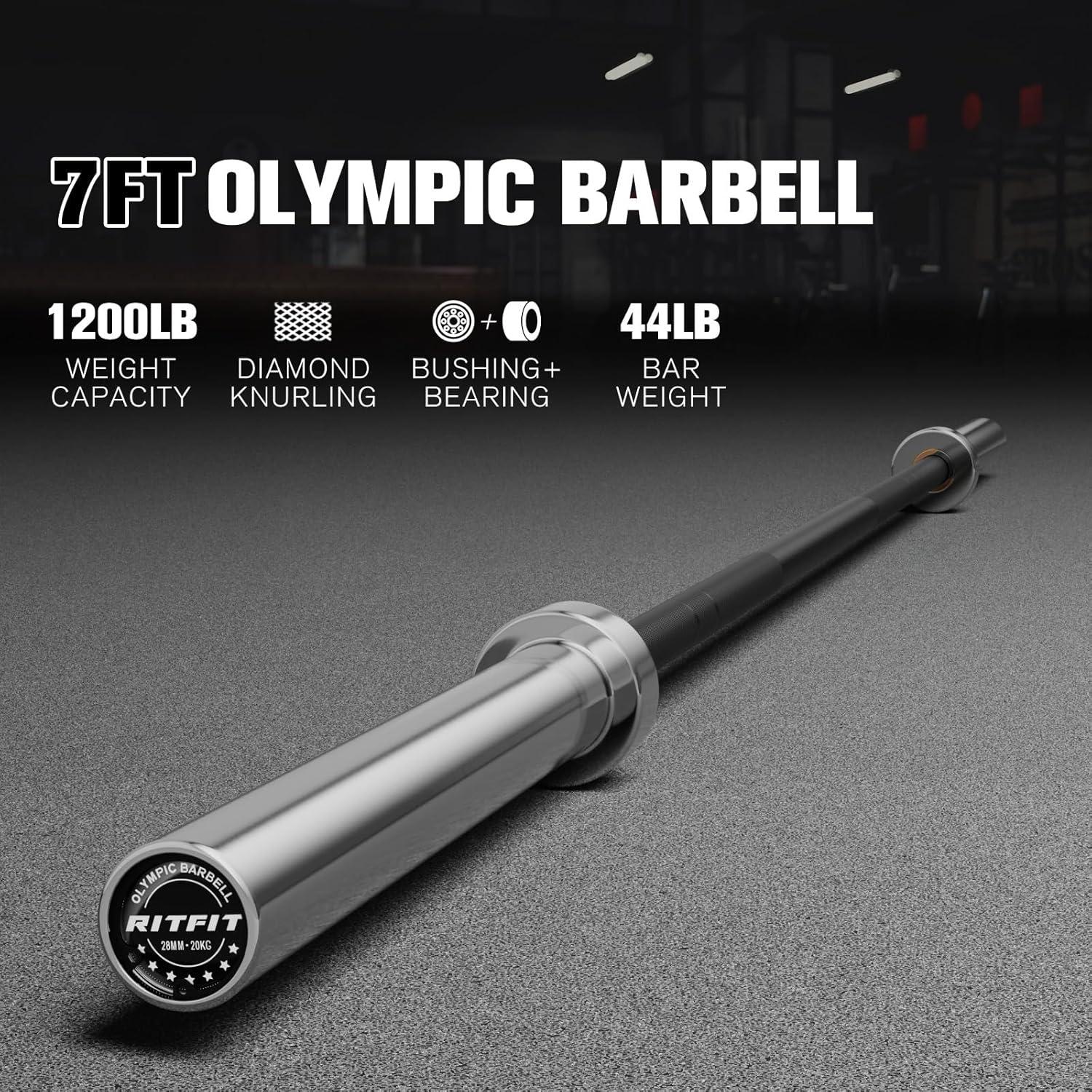 imageRITFIT 7FT Olympic Barbell for Strength and Weightlifting Training 2 Inch Olympic Bar for Squat Deadlift Bench Press Curl Overhead Press 600lbs1000lbs1200lbs CapacitySliverBlack