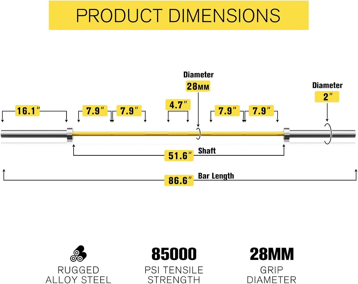 imageRITFIT 7FT Olympic Barbell for Strength and Weightlifting Training 2 Inch Olympic Bar for Squat Deadlift Bench Press Curl Overhead Press 600lbs1000lbs1200lbs CapacitySliverYellow