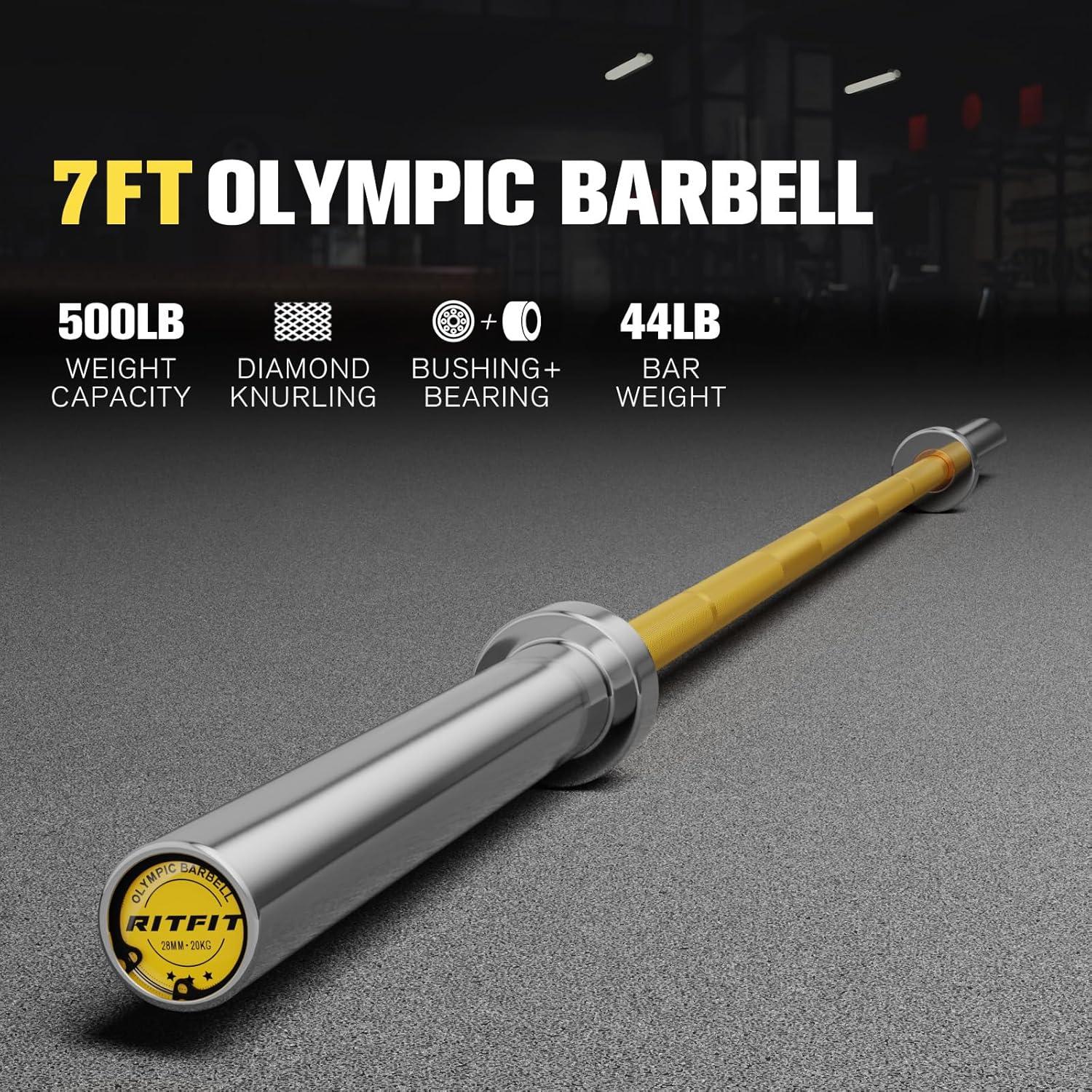 imageRITFIT 7FT Olympic Barbell for Strength and Weightlifting Training 2 Inch Olympic Bar for Squat Deadlift Bench Press Curl Overhead Press 600lbs1000lbs1200lbs CapacitySliverYellow