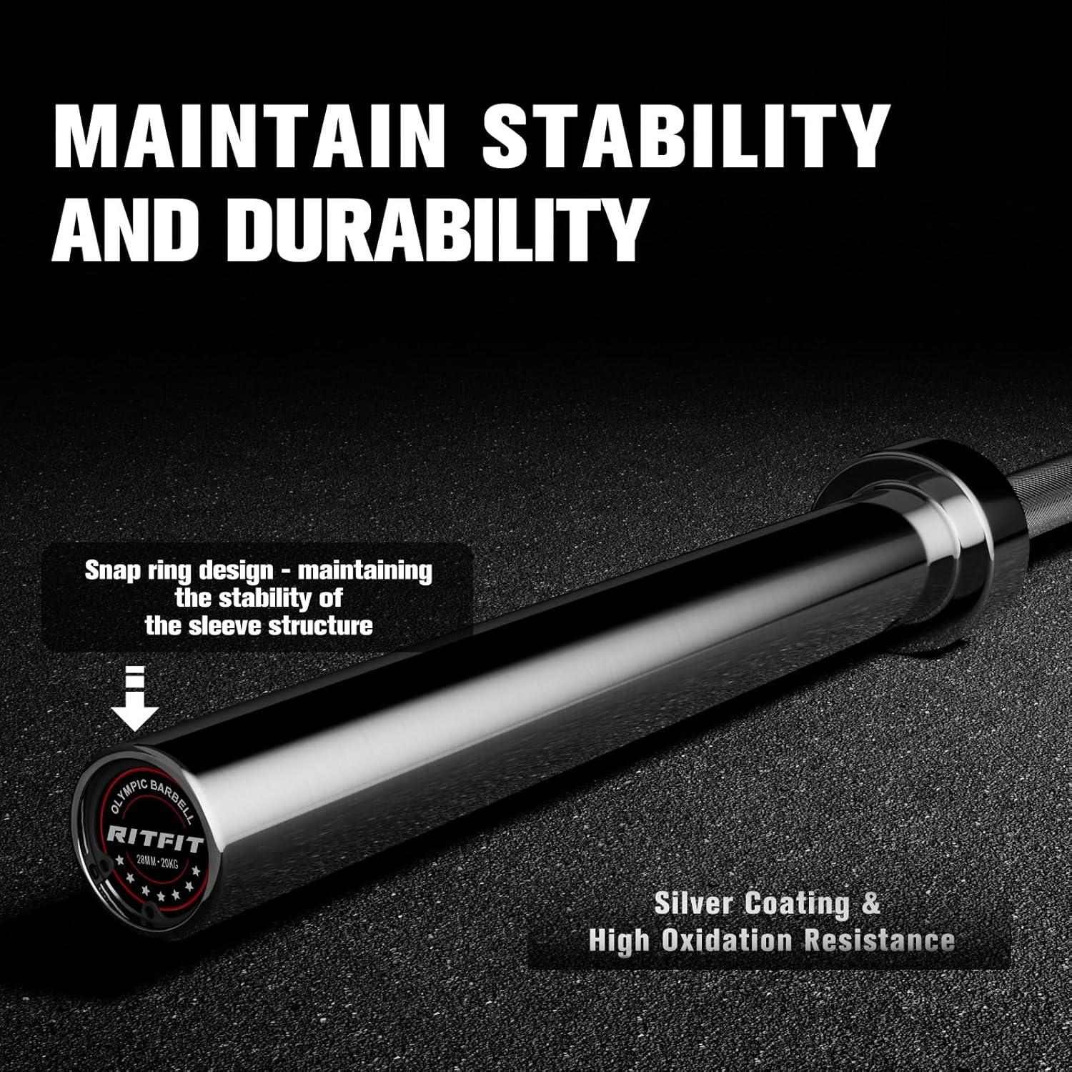 imageRITFIT 7FT Olympic Barbell for Strength and Weightlifting Training 2 Inch Olympic Bar for Squat Deadlift Bench Press Curl Overhead Press 600lbs1000lbs1200lbs CapacitySilver