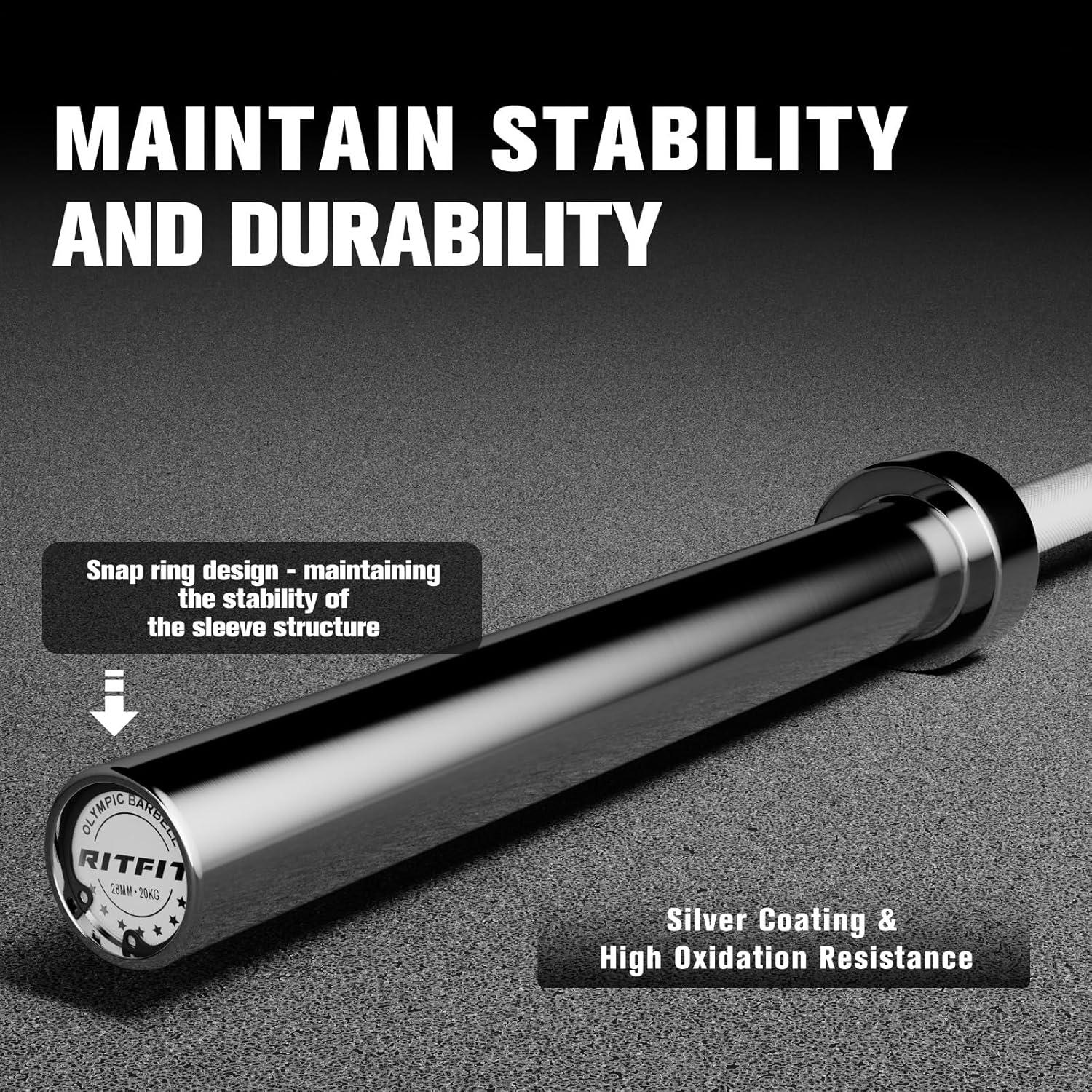 imageRITFIT 7FT Olympic Barbell for Strength and Weightlifting Training 2 Inch Olympic Bar for Squat Deadlift Bench Press Curl Overhead Press 600lbs1000lbs1200lbs CapacitySliverWhite