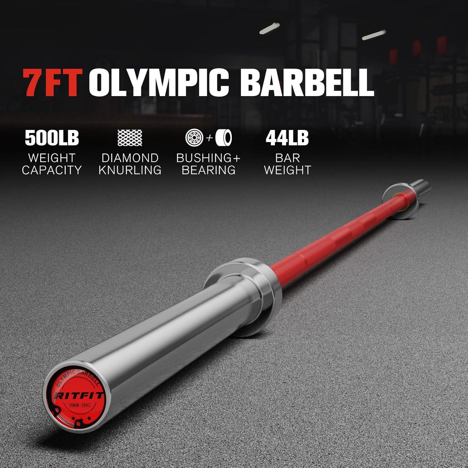 imageRITFIT 7FT Olympic Barbell for Strength and Weightlifting Training 2 Inch Olympic Bar for Squat Deadlift Bench Press Curl Overhead Press 600lbs1000lbs1200lbs CapacitySliverRed