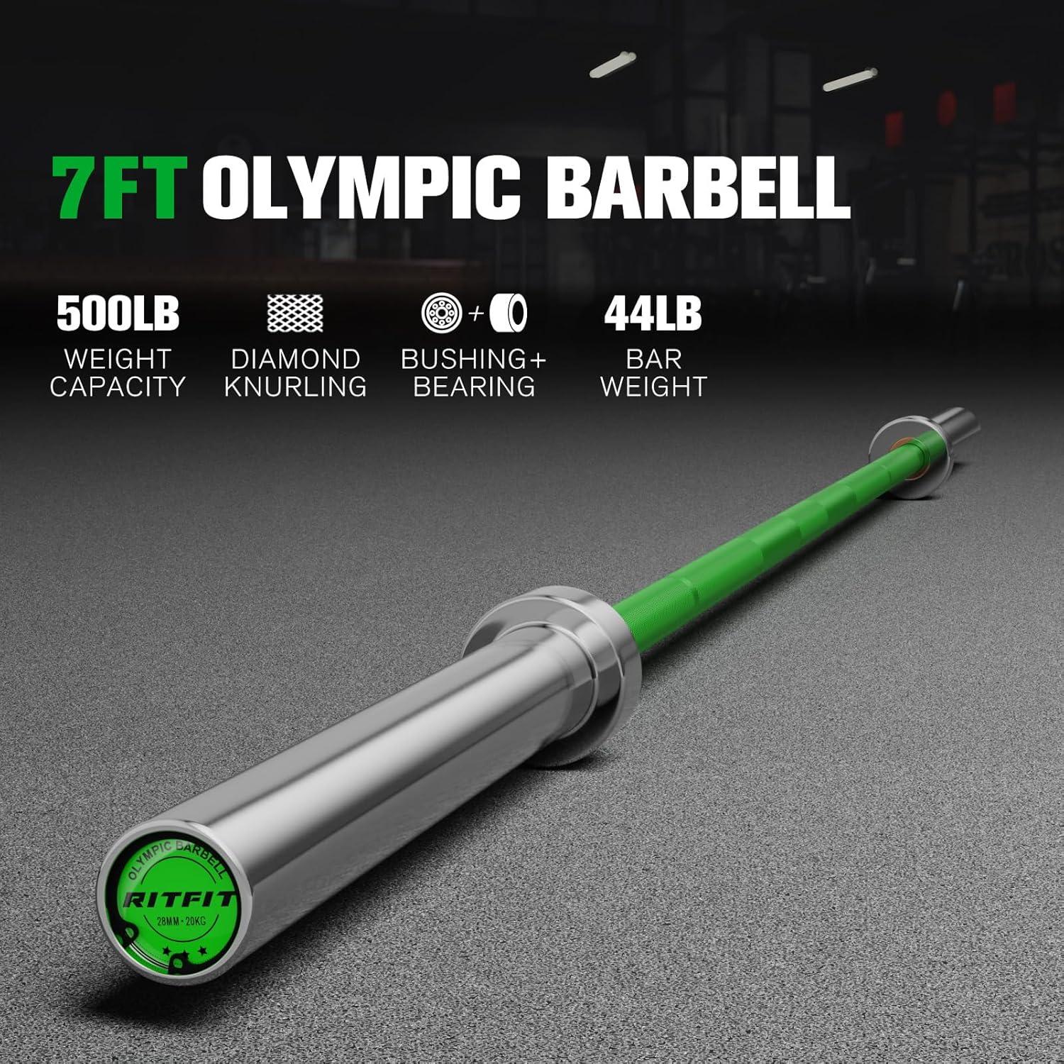 imageRITFIT 7FT Olympic Barbell for Strength and Weightlifting Training 2 Inch Olympic Bar for Squat Deadlift Bench Press Curl Overhead Press 600lbs1000lbs1200lbs CapacitySliverGreen