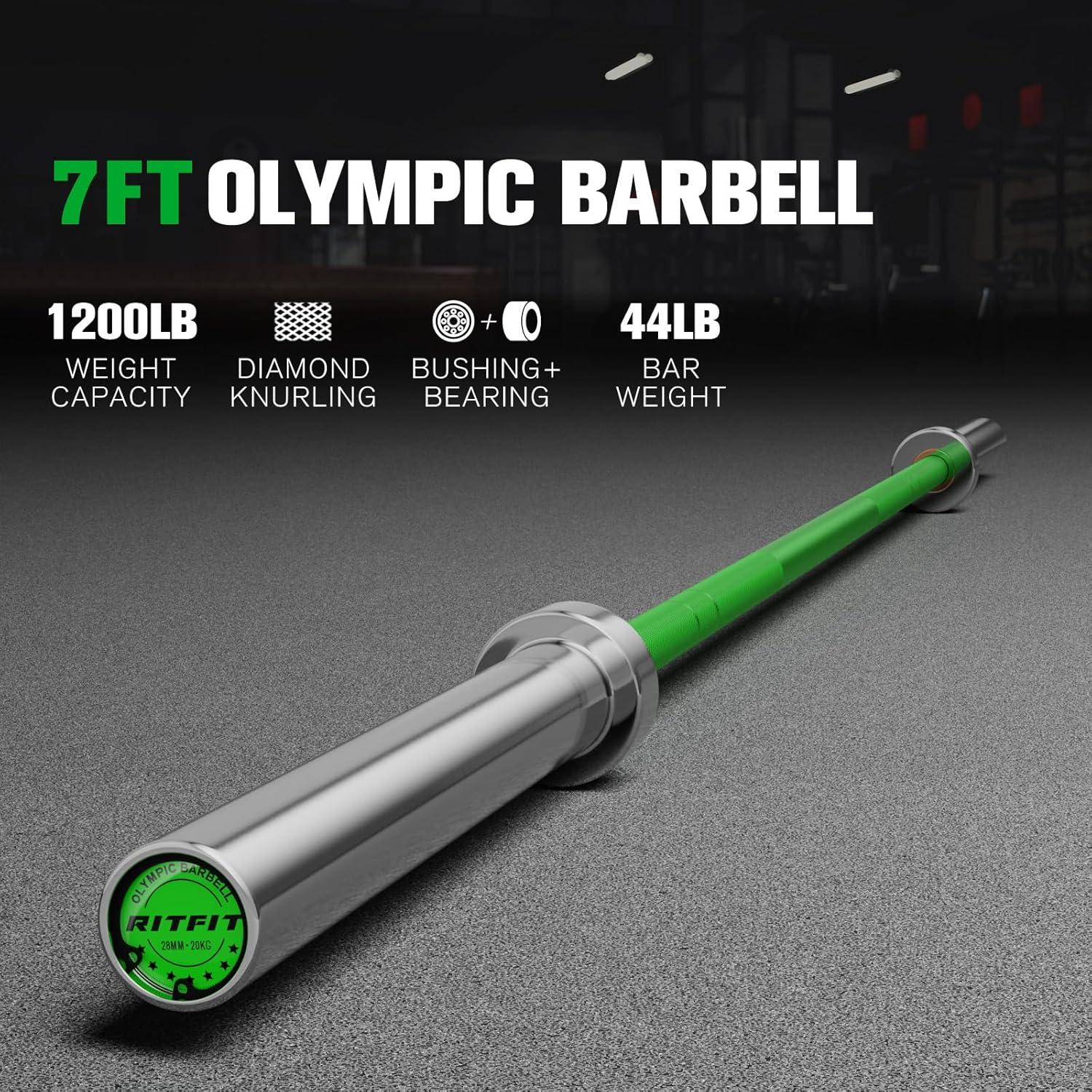 imageRITFIT 7FT Olympic Barbell for Strength and Weightlifting Training 2 Inch Olympic Bar for Squat Deadlift Bench Press Curl Overhead Press 600lbs1000lbs1200lbs CapacitySliverGreen