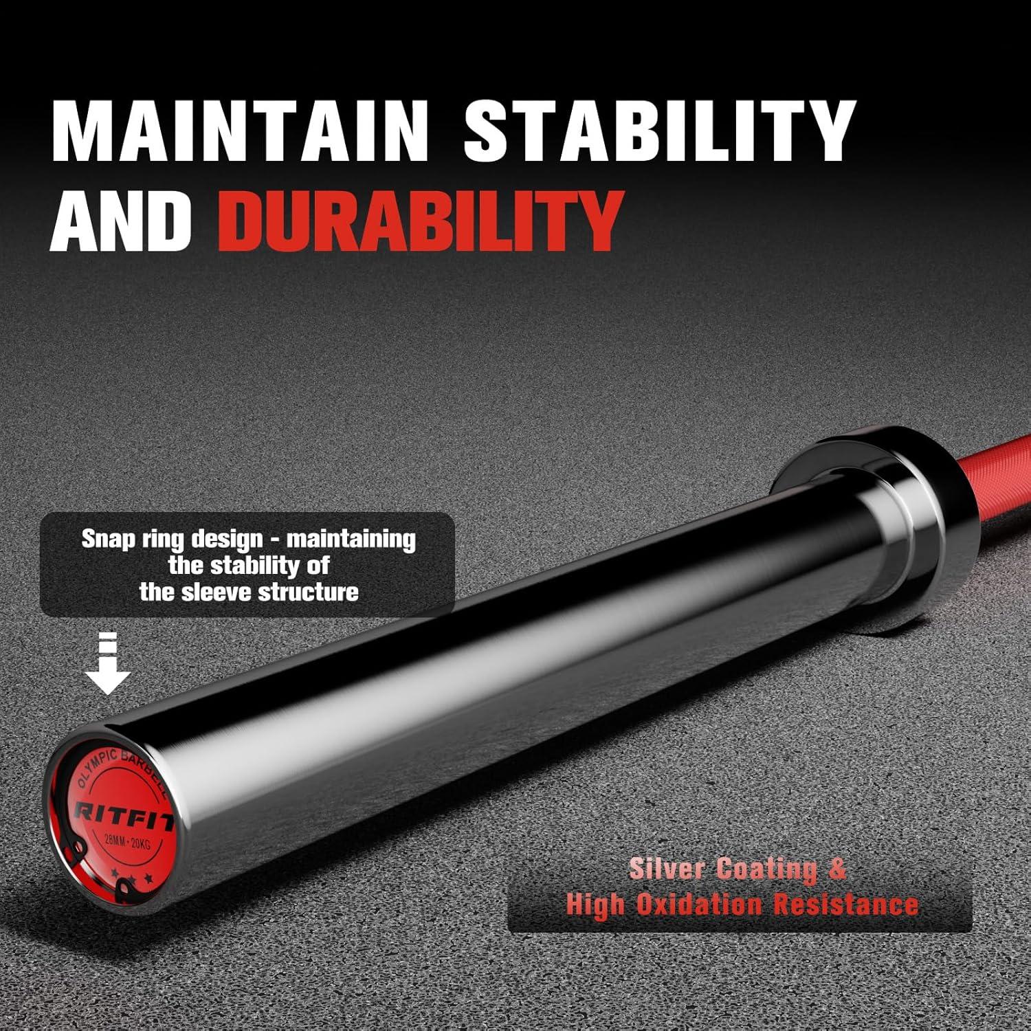 imageRITFIT 7FT Olympic Barbell for Strength and Weightlifting Training 2 Inch Olympic Bar for Squat Deadlift Bench Press Curl Overhead Press 600lbs1000lbs1200lbs CapacitySliverRed