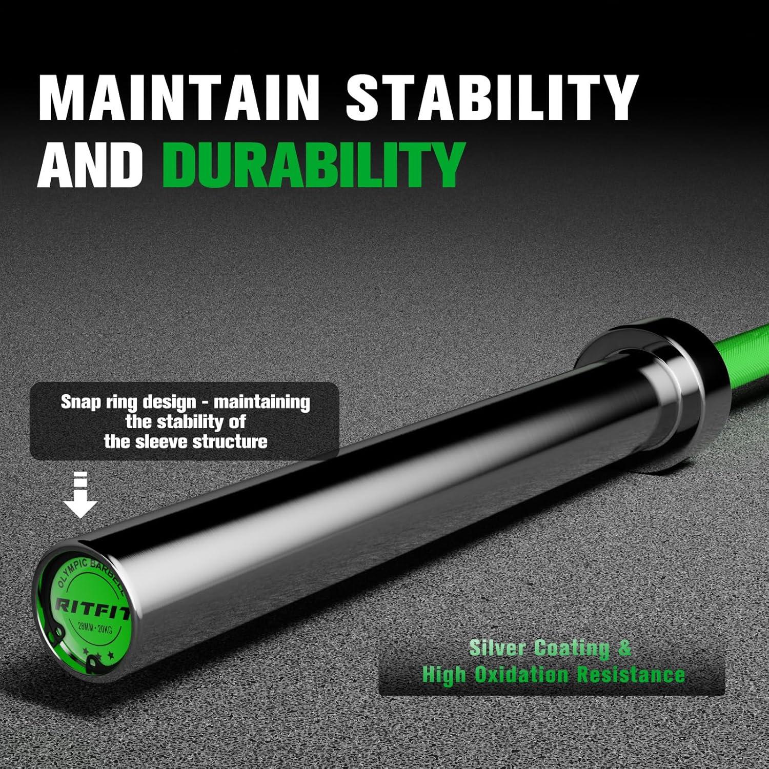 imageRITFIT 7FT Olympic Barbell for Strength and Weightlifting Training 2 Inch Olympic Bar for Squat Deadlift Bench Press Curl Overhead Press 600lbs1000lbs1200lbs CapacitySliverGreen