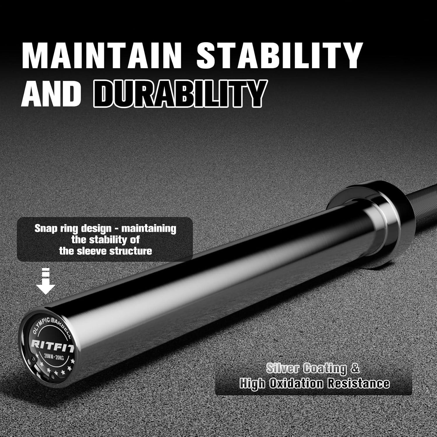 imageRITFIT 7FT Olympic Barbell for Strength and Weightlifting Training 2 Inch Olympic Bar for Squat Deadlift Bench Press Curl Overhead Press 600lbs1000lbs1200lbs CapacitySliverBlack