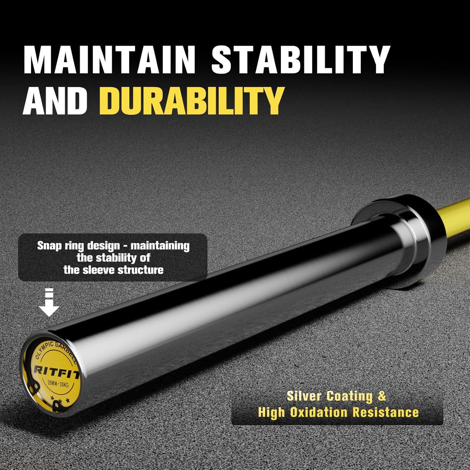 imageRITFIT 7FT Olympic Barbell for Strength and Weightlifting Training 2 Inch Olympic Bar for Squat Deadlift Bench Press Curl Overhead Press 600lbs1000lbs1200lbs CapacitySliverYellow