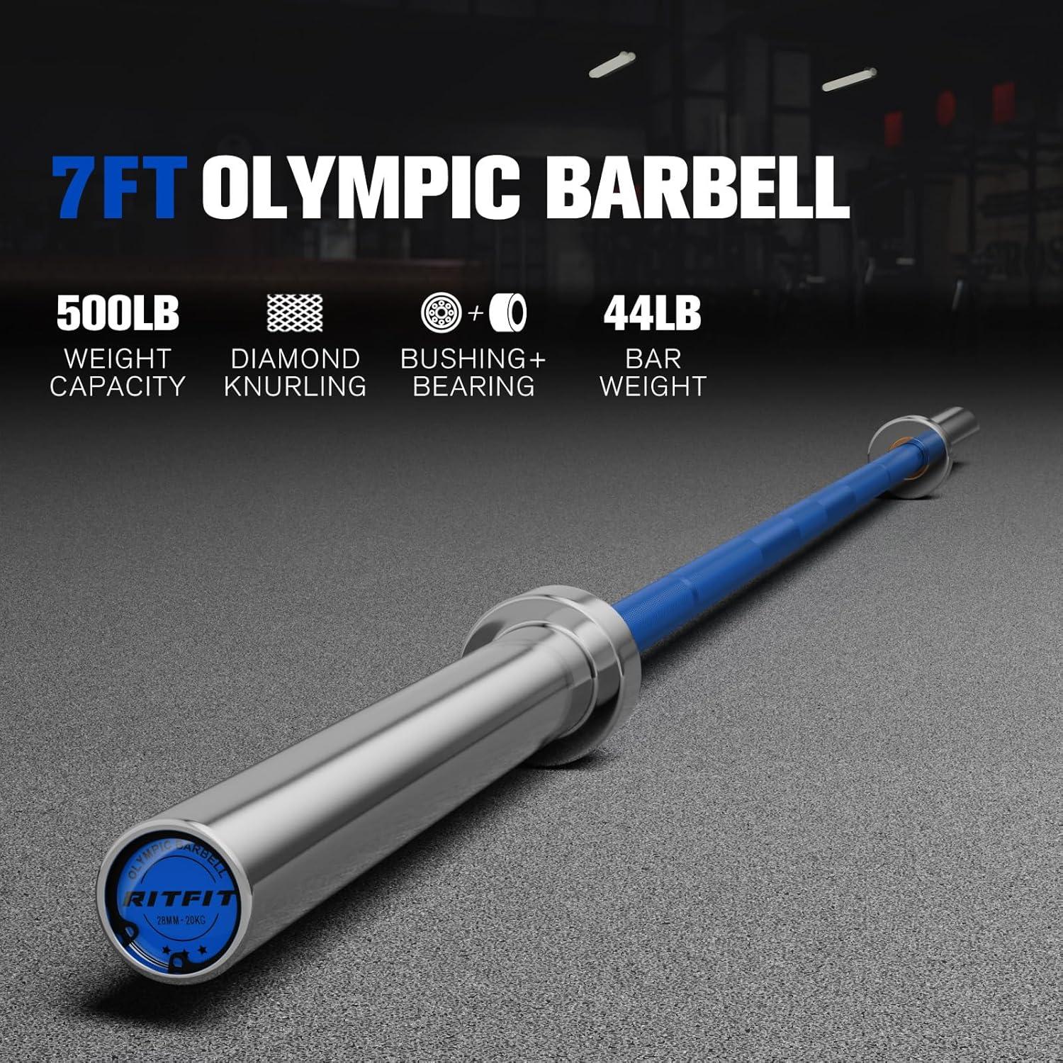imageRITFIT 7FT Olympic Barbell for Strength and Weightlifting Training 2 Inch Olympic Bar for Squat Deadlift Bench Press Curl Overhead Press 600lbs1000lbs1200lbs CapacitySliverBlue