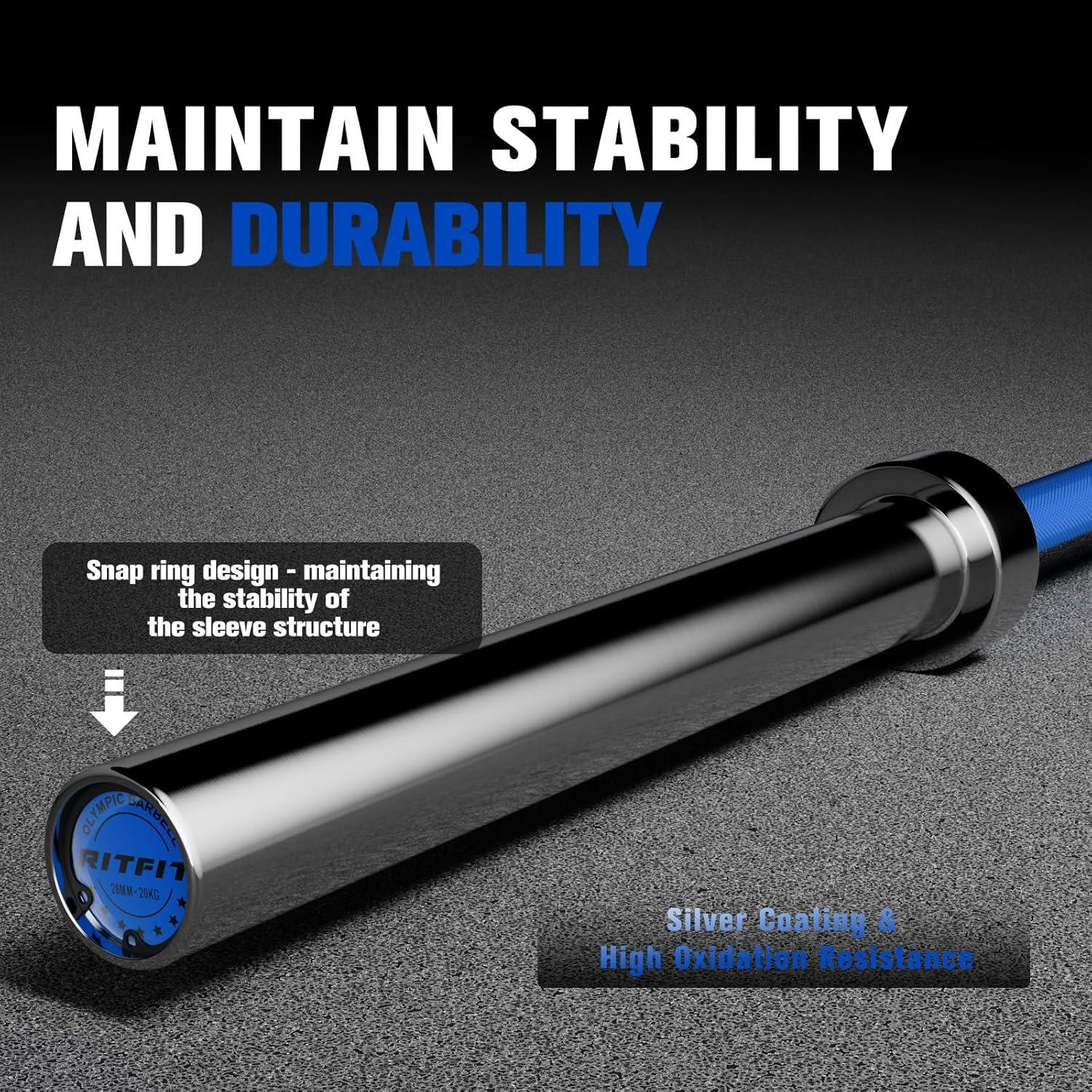 imageRITFIT 7FT Olympic Barbell for Strength and Weightlifting Training 2 Inch Olympic Bar for Squat Deadlift Bench Press Curl Overhead Press 600lbs1000lbs1200lbs CapacitySliverBlue