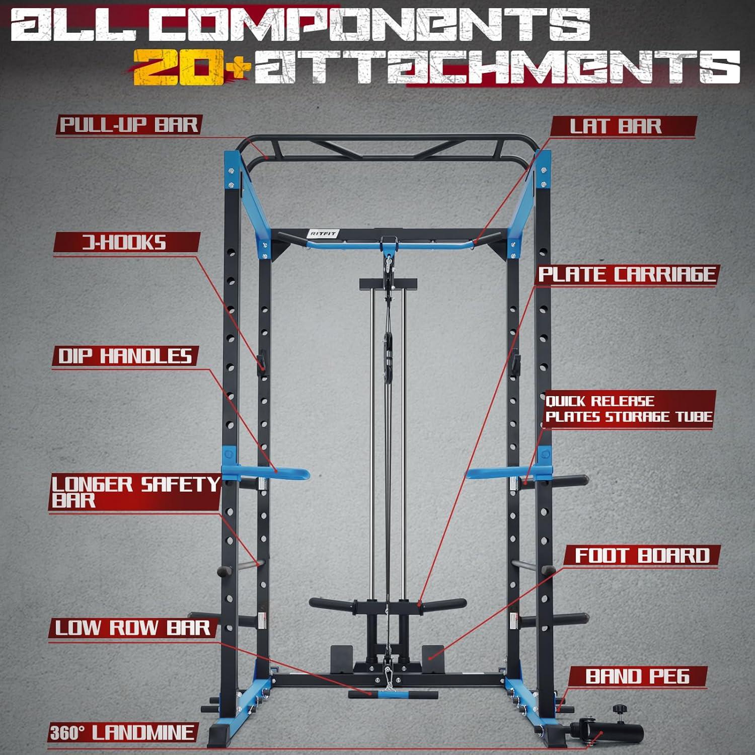 imageRitFit AllinOne Squat Rack for Home Gym PPC02C MultiFunction 1000 LBS Capacity Power Cage with LAT Pulldown Pulley System Dip Bar Landmine amp More Power Rack Attachments Package