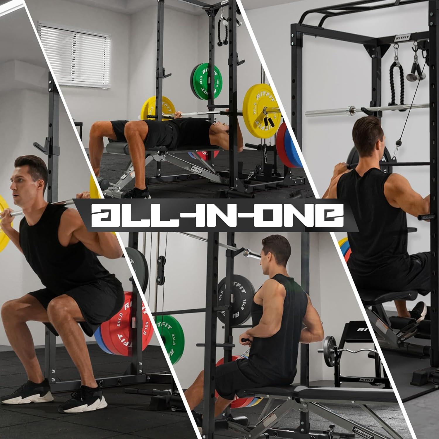 imageRitFit AllinOne Squat Rack for Home Gym PPC02C MultiFunction 1000 LBS Capacity Power Cage with LAT Pulldown Pulley System Dip Bar Landmine amp More Power Rack Attachments Package