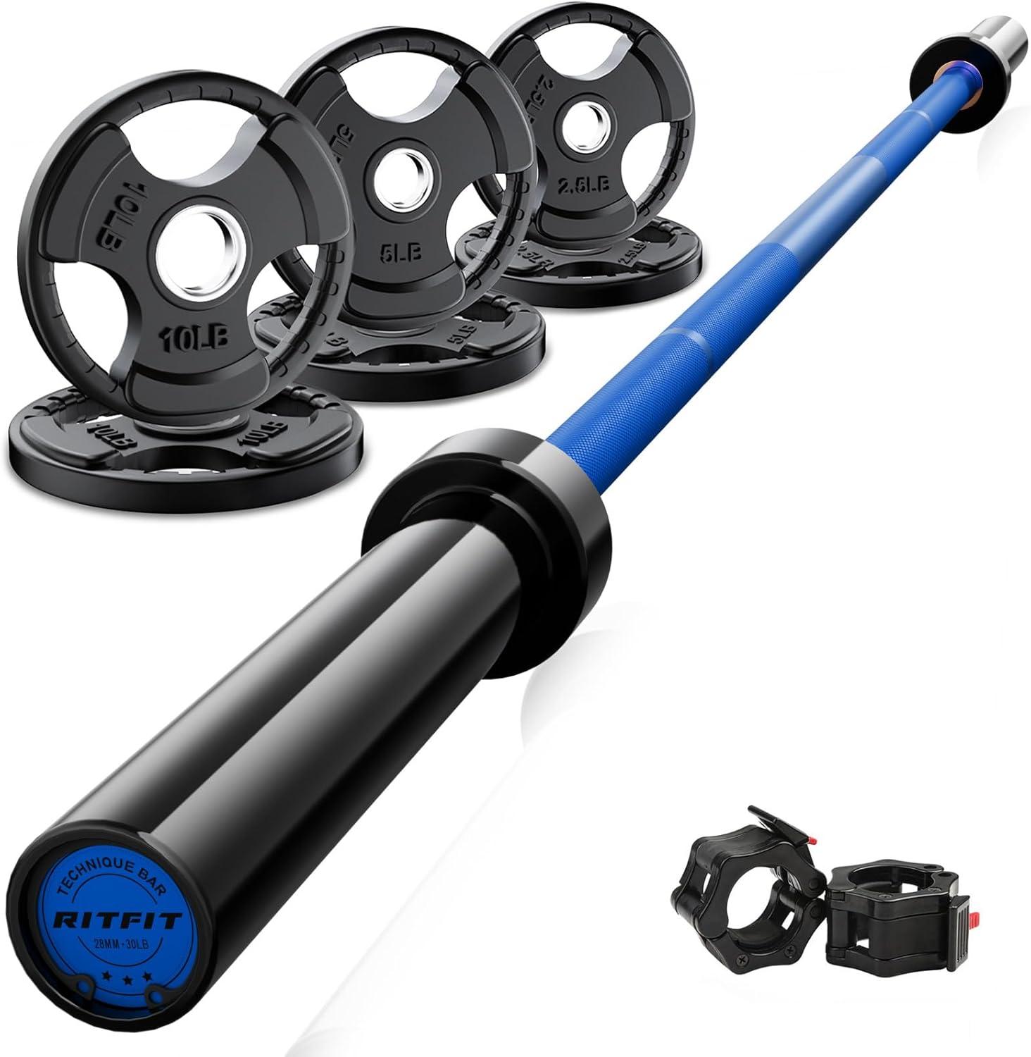 imageRitFit Barbell Weight Set 46FT Olympic Barbell with Weight Plates 55275LB Total Weightlifting Equipment for Squats Curls Deadlifts Presses Hip ThrustsBlackBlue