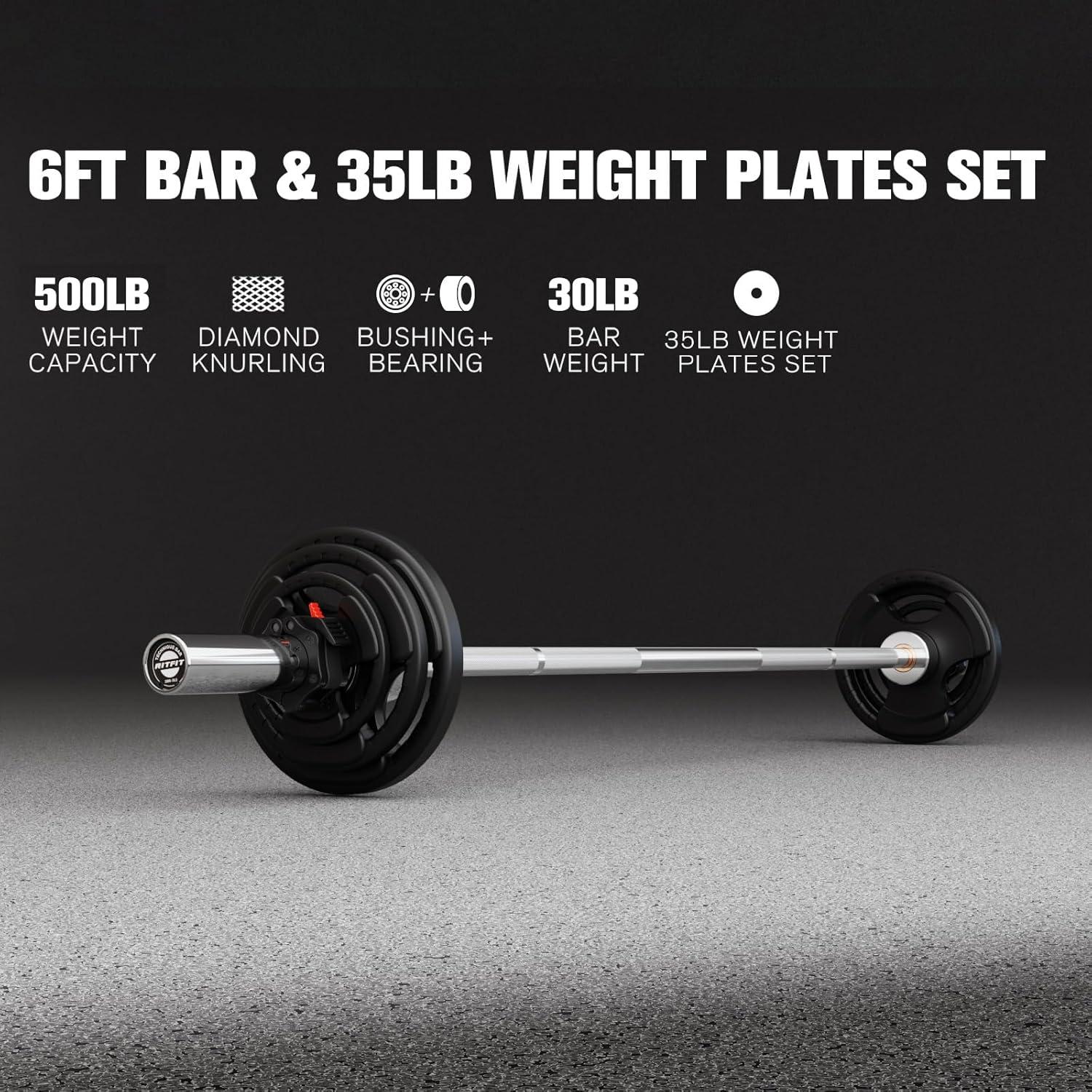 imageRitFit Barbell Weight Set 46FT Olympic Barbell with Weight Plates 55275LB Total Weightlifting Equipment for Squats Curls Deadlifts Presses Hip ThrustsSilver
