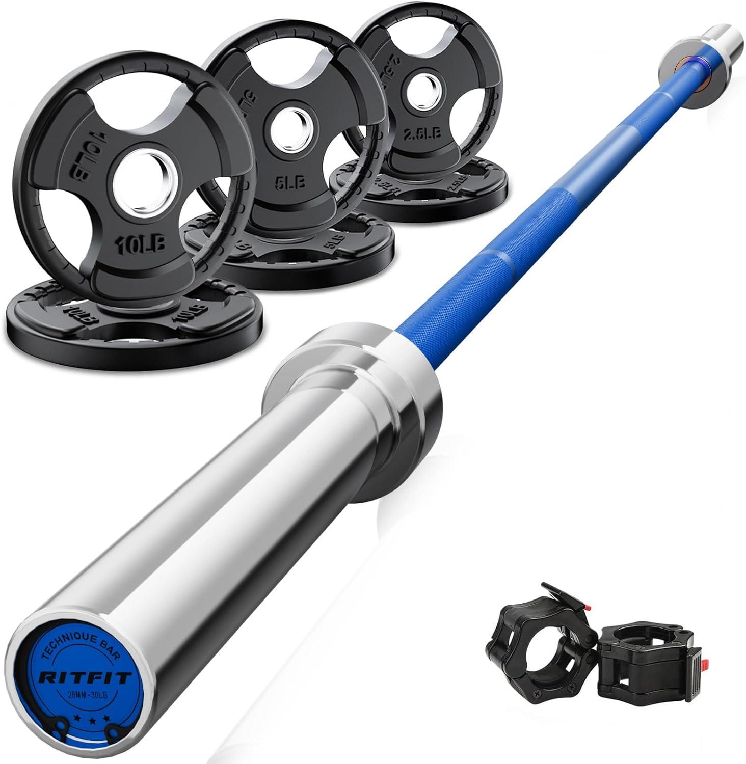 imageRitFit Barbell Weight Set 46FT Olympic Barbell with Weight Plates 55275LB Total Weightlifting Equipment for Squats Curls Deadlifts Presses Hip ThrustsSilverBlue