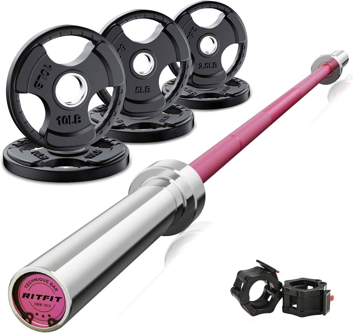 imageRitFit Barbell Weight Set 46FT Olympic Barbell with Weight Plates 55275LB Total Weightlifting Equipment for Squats Curls Deadlifts Presses Hip ThrustsPink