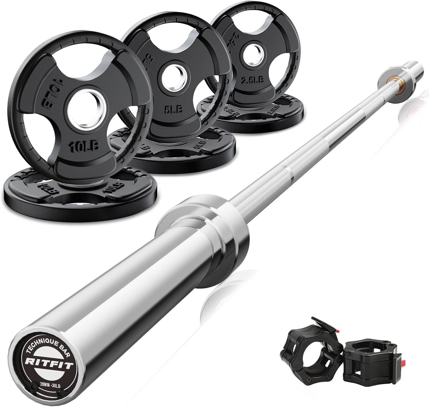 imageRitFit Barbell Weight Set 46FT Olympic Barbell with Weight Plates 55275LB Total Weightlifting Equipment for Squats Curls Deadlifts Presses Hip ThrustsSilver