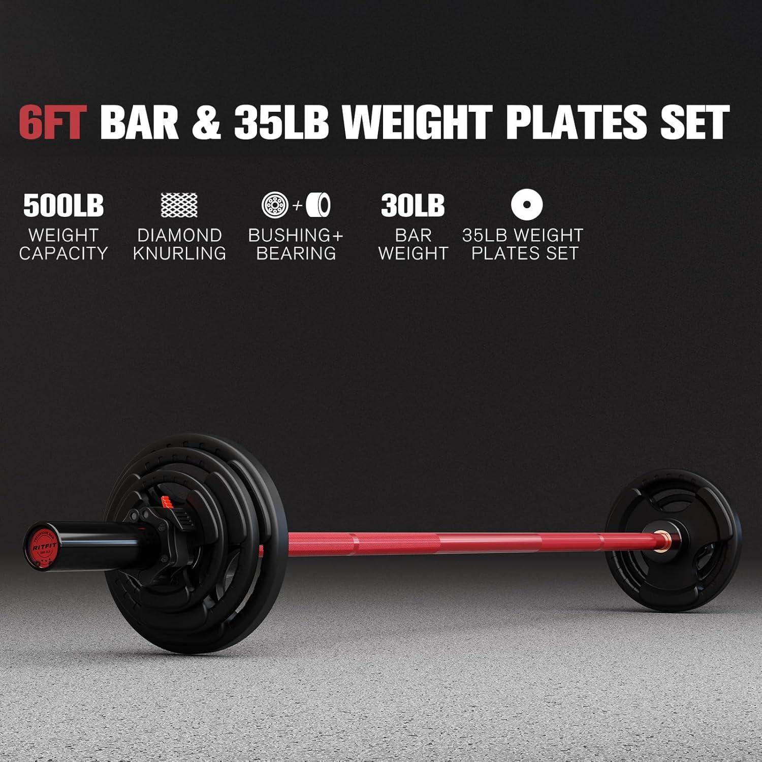 imageRitFit Barbell Weight Set 46FT Olympic Barbell with Weight Plates 55275LB Total Weightlifting Equipment for Squats Curls Deadlifts Presses Hip ThrustsBlackRed