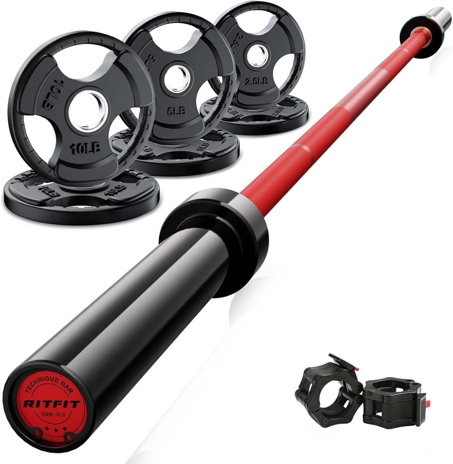 imageRitFit Barbell Weight Set 46FT Olympic Barbell with Weight Plates 55275LB Total Weightlifting Equipment for Squats Curls Deadlifts Presses Hip ThrustsBlackRed
