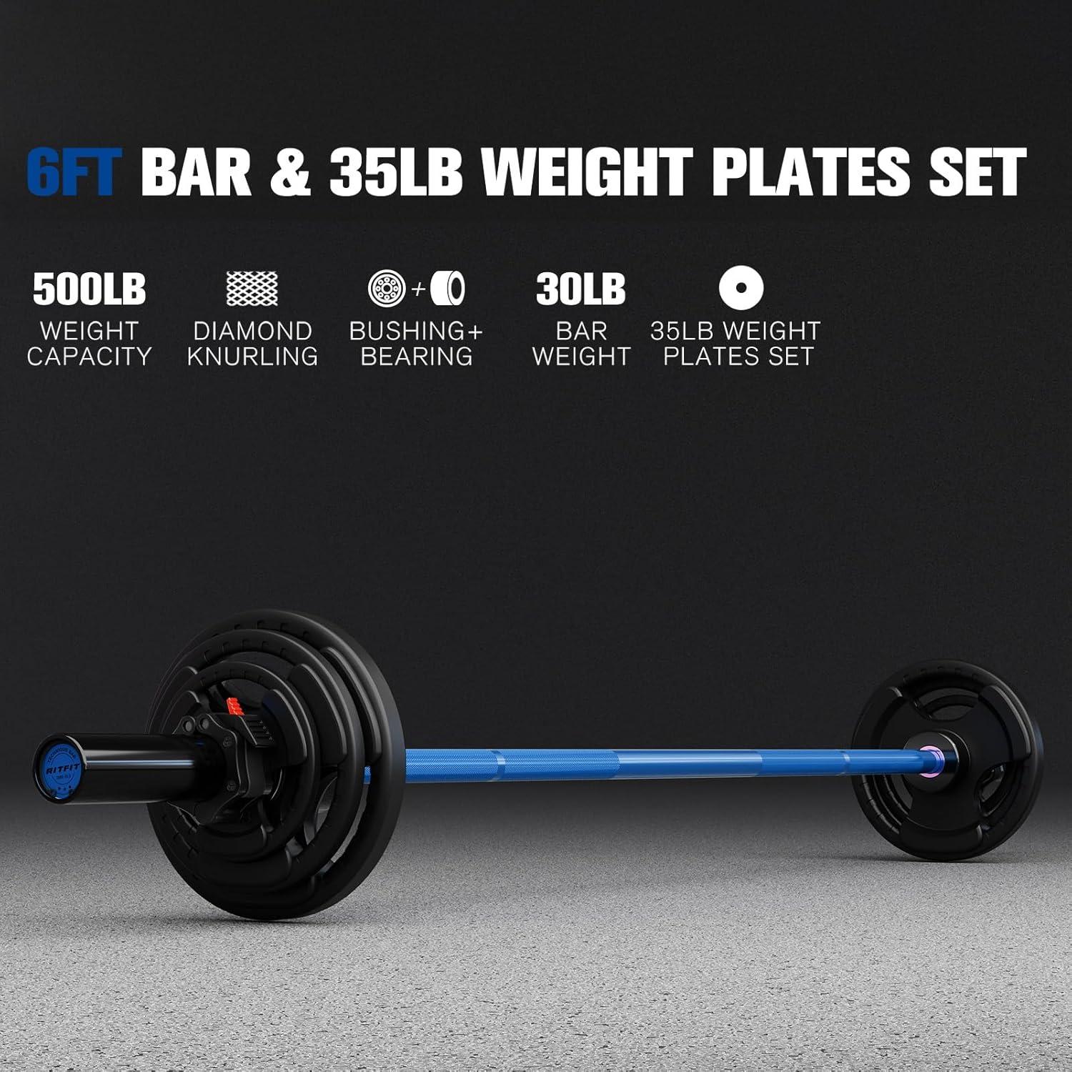 imageRitFit Barbell Weight Set 46FT Olympic Barbell with Weight Plates 55275LB Total Weightlifting Equipment for Squats Curls Deadlifts Presses Hip ThrustsBlackBlue