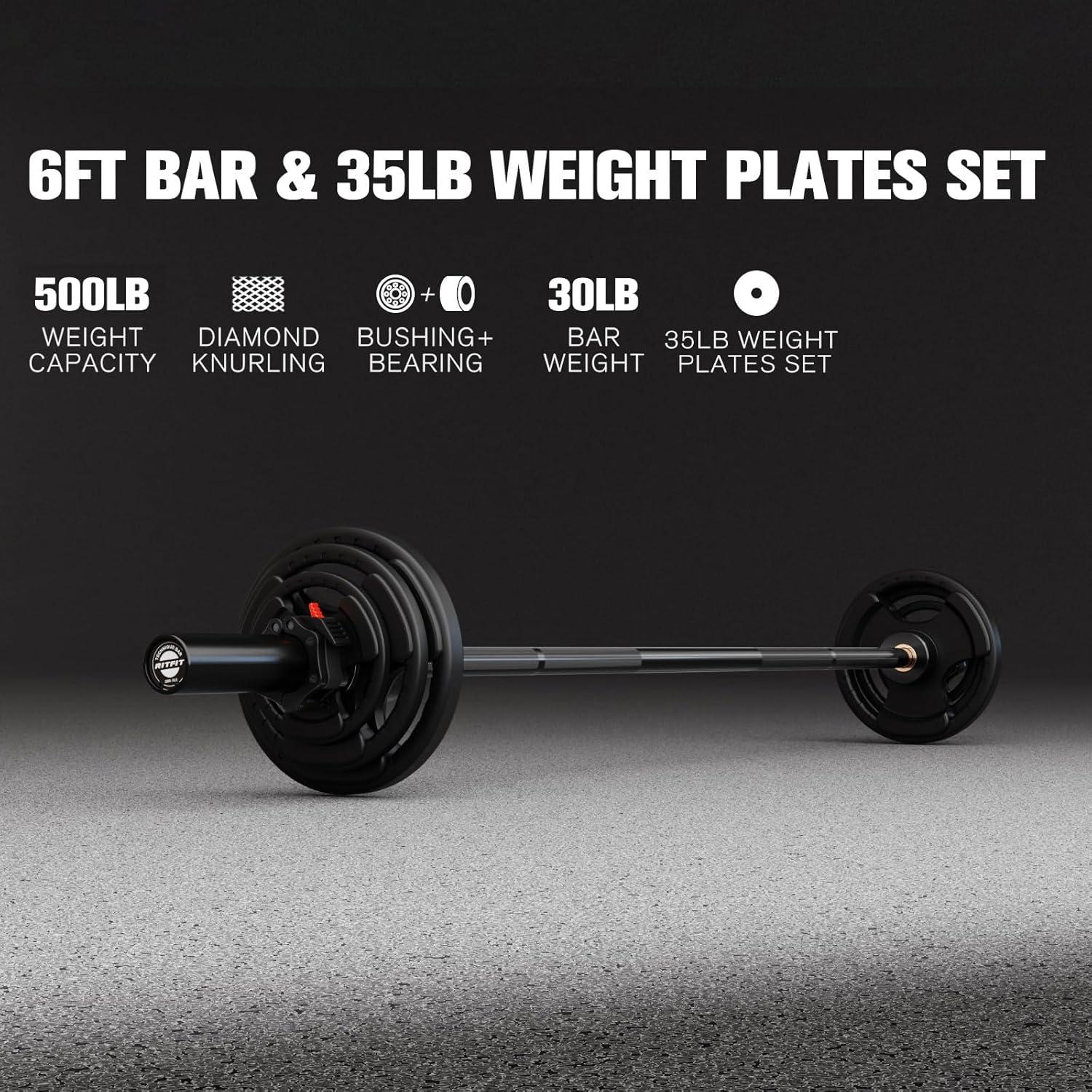 imageRitFit Barbell Weight Set 46FT Olympic Barbell with Weight Plates 55275LB Total Weightlifting Equipment for Squats Curls Deadlifts Presses Hip ThrustsBlack