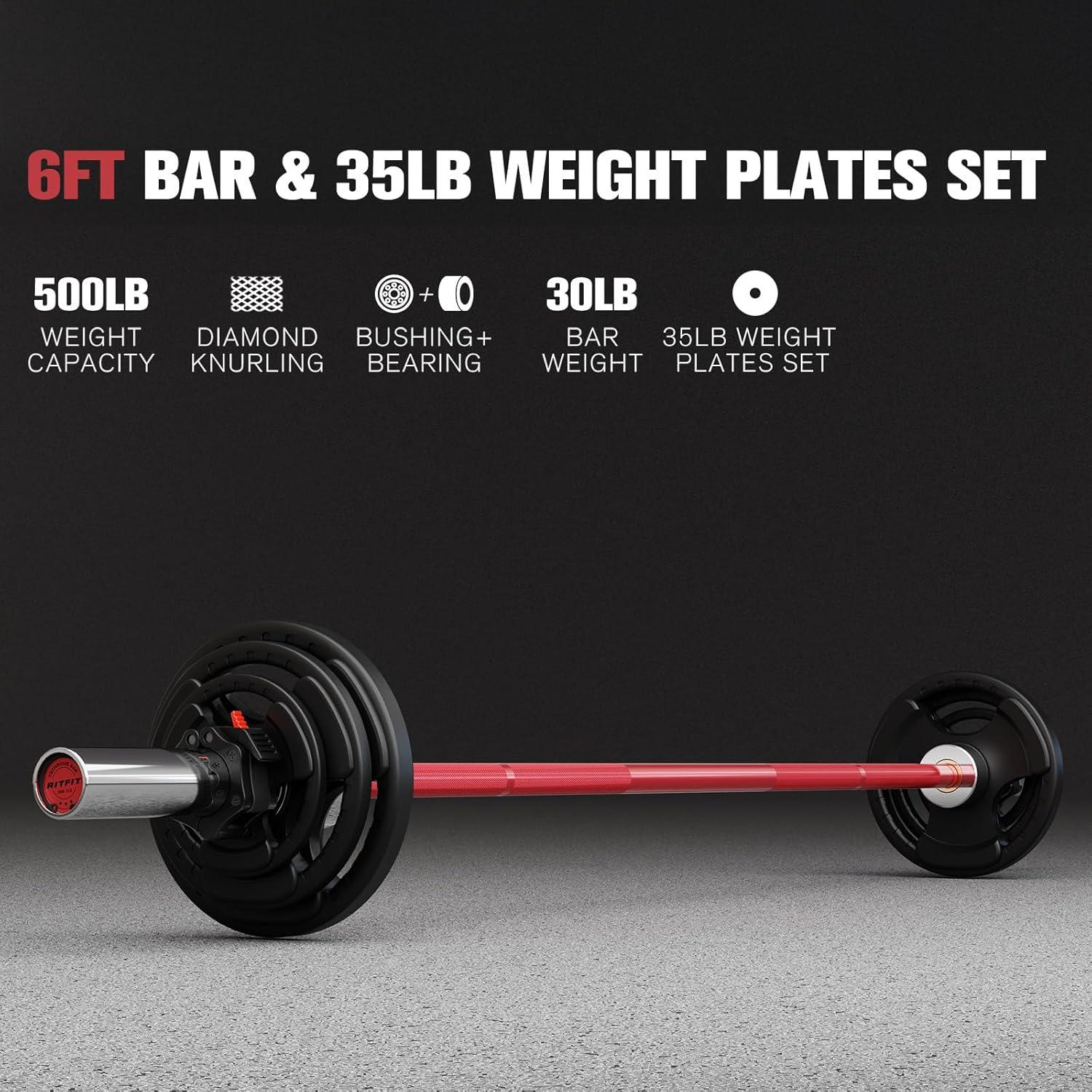 imageRitFit Barbell Weight Set 46FT Olympic Barbell with Weight Plates 55275LB Total Weightlifting Equipment for Squats Curls Deadlifts Presses Hip ThrustsSilverRed