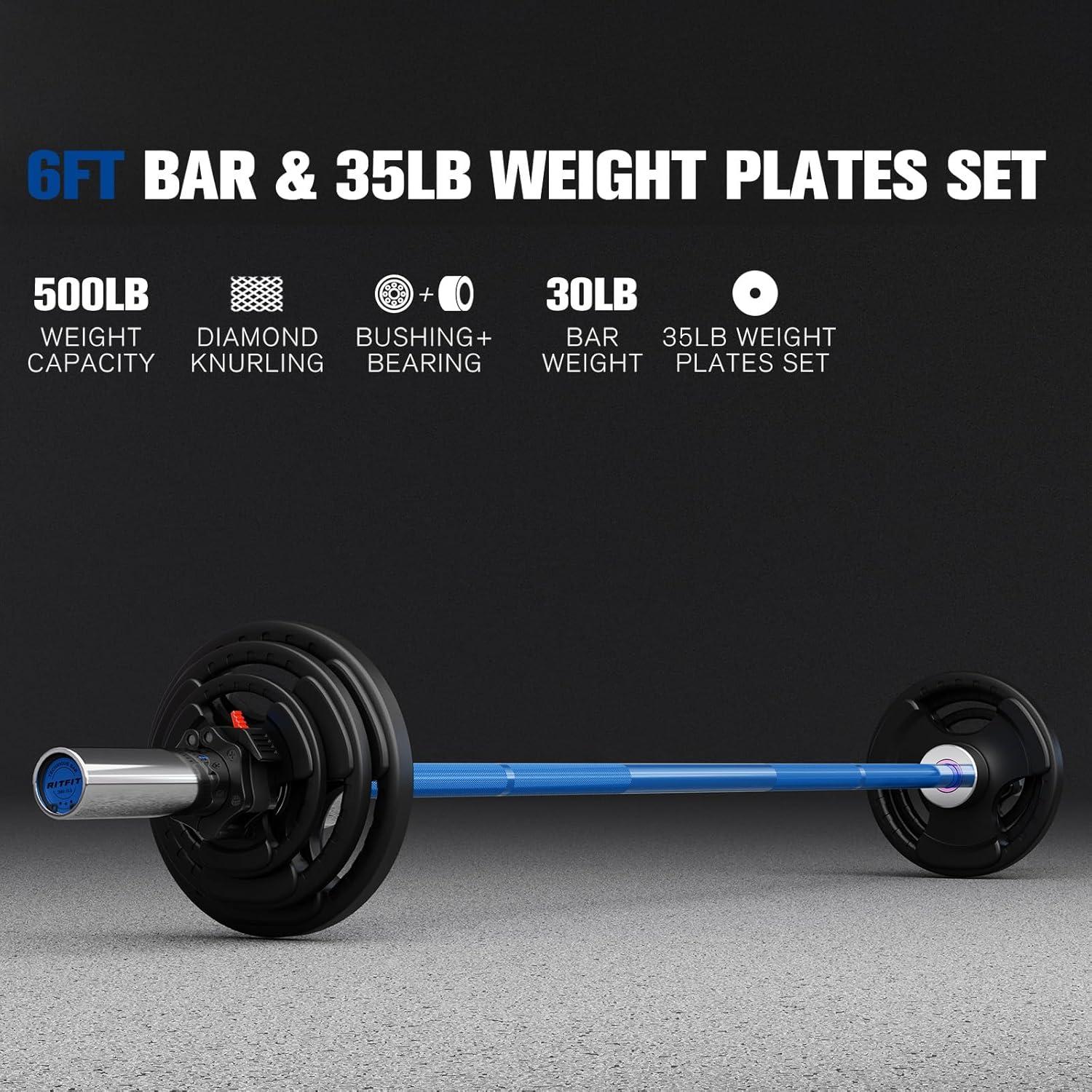 imageRitFit Barbell Weight Set 46FT Olympic Barbell with Weight Plates 55275LB Total Weightlifting Equipment for Squats Curls Deadlifts Presses Hip ThrustsSilverBlue