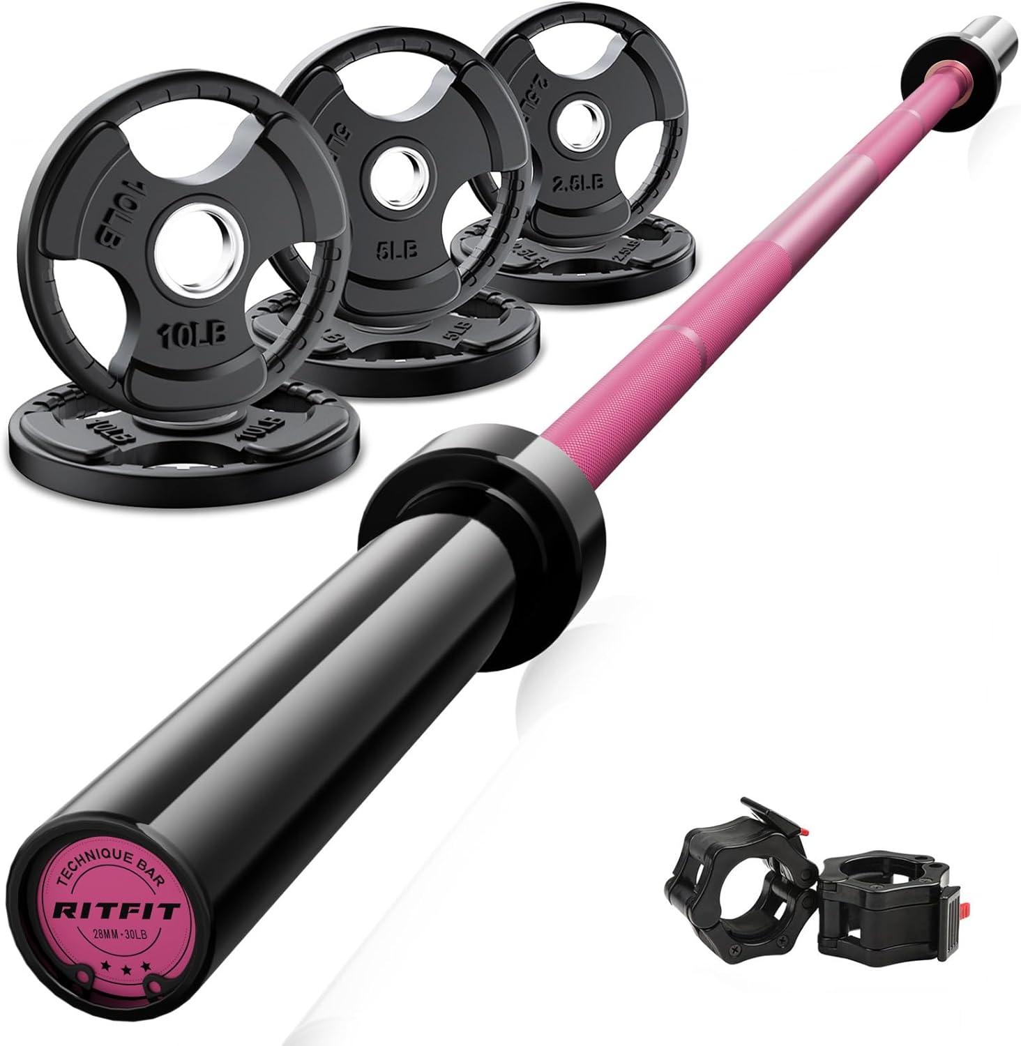 imageRitFit Barbell Weight Set 46FT Olympic Barbell with Weight Plates 55275LB Total Weightlifting Equipment for Squats Curls Deadlifts Presses Hip ThrustsBlackPink