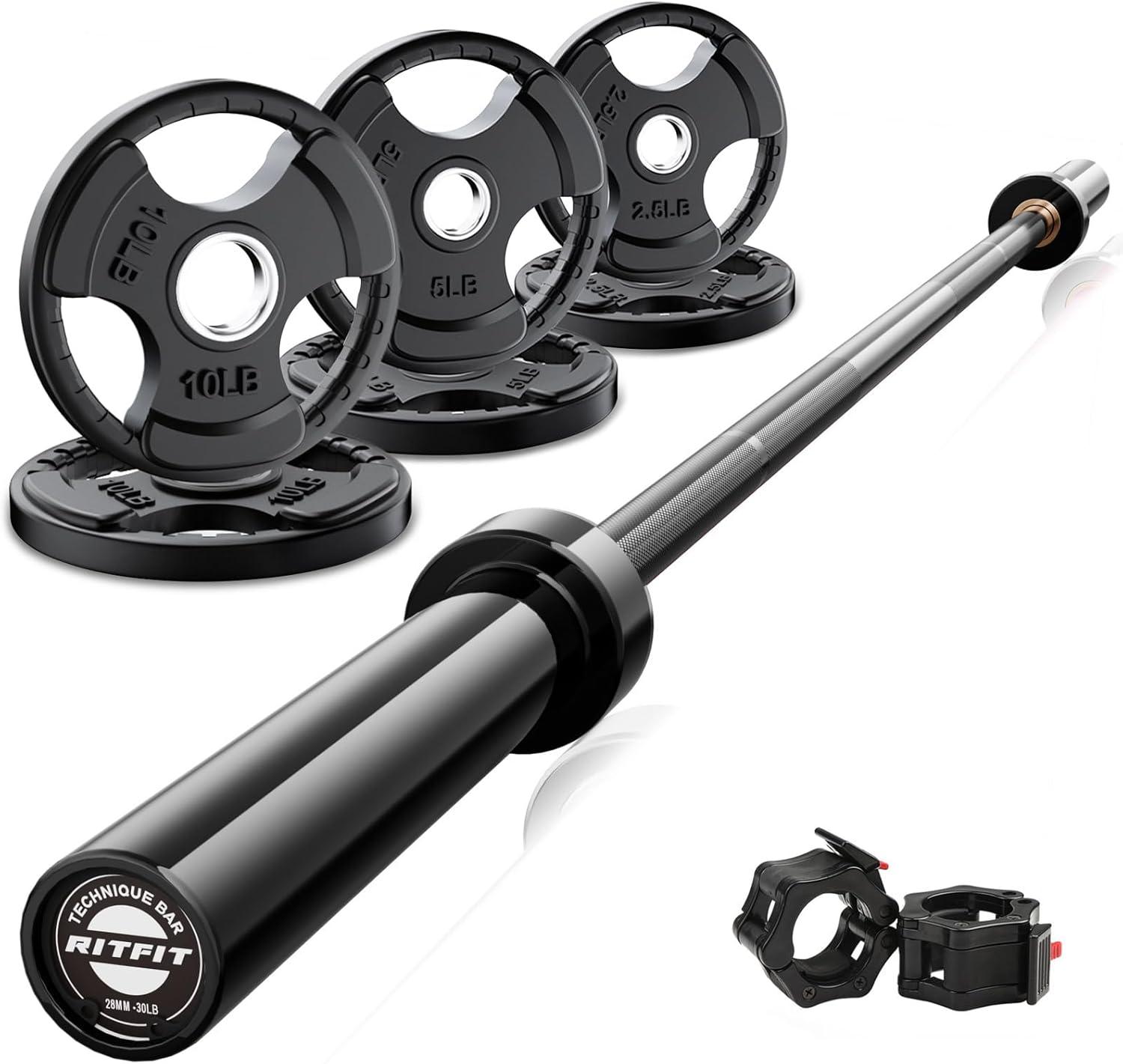 imageRitFit Barbell Weight Set 46FT Olympic Barbell with Weight Plates 55275LB Total Weightlifting Equipment for Squats Curls Deadlifts Presses Hip ThrustsBlack