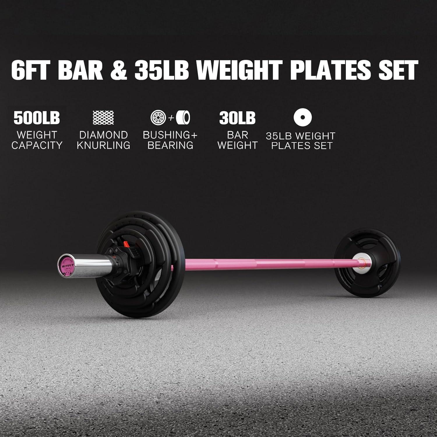 imageRitFit Barbell Weight Set 46FT Olympic Barbell with Weight Plates 55275LB Total Weightlifting Equipment for Squats Curls Deadlifts Presses Hip ThrustsPink