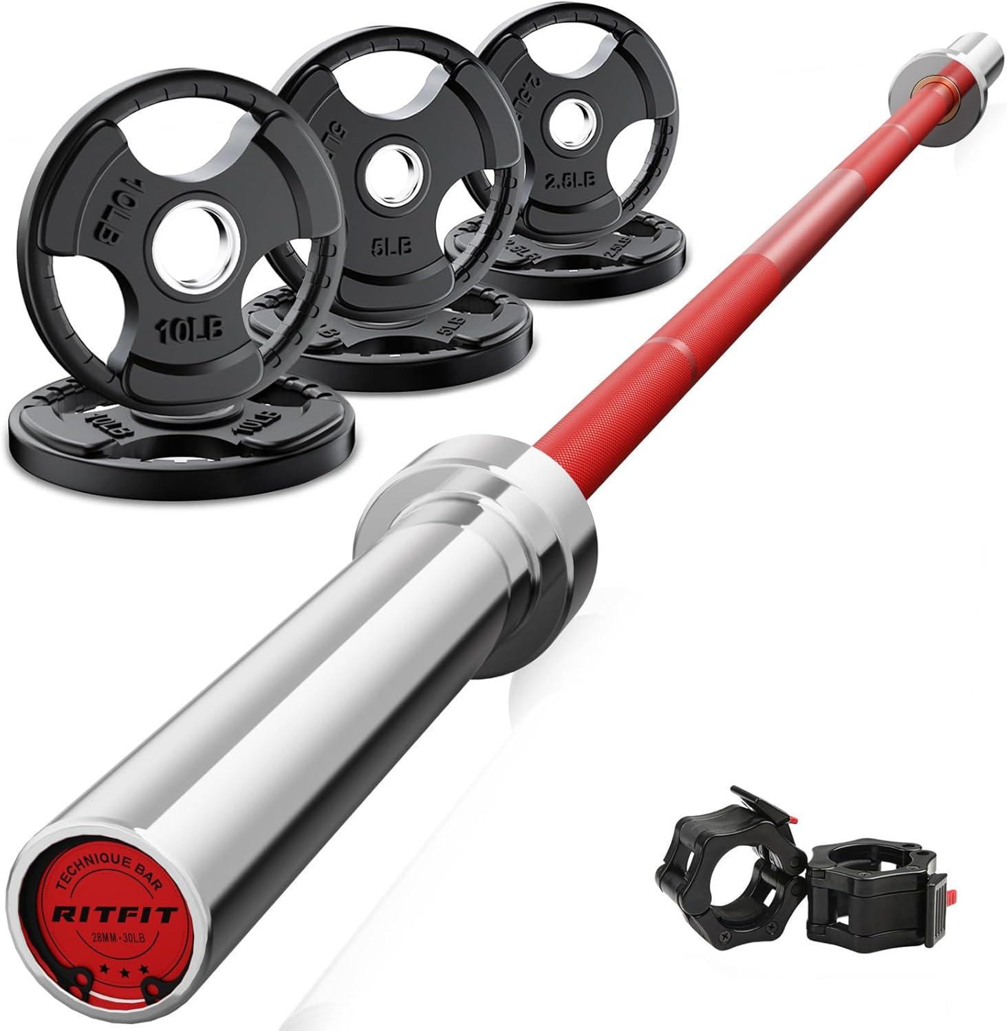 imageRitFit Barbell Weight Set 46FT Olympic Barbell with Weight Plates 55275LB Total Weightlifting Equipment for Squats Curls Deadlifts Presses Hip ThrustsSilverRed