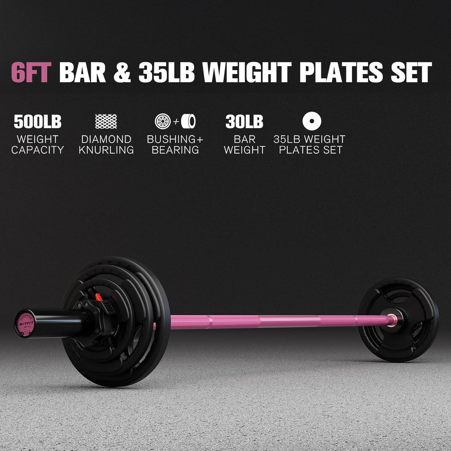 imageRitFit Barbell Weight Set 46FT Olympic Barbell with Weight Plates 55275LB Total Weightlifting Equipment for Squats Curls Deadlifts Presses Hip ThrustsBlackPink
