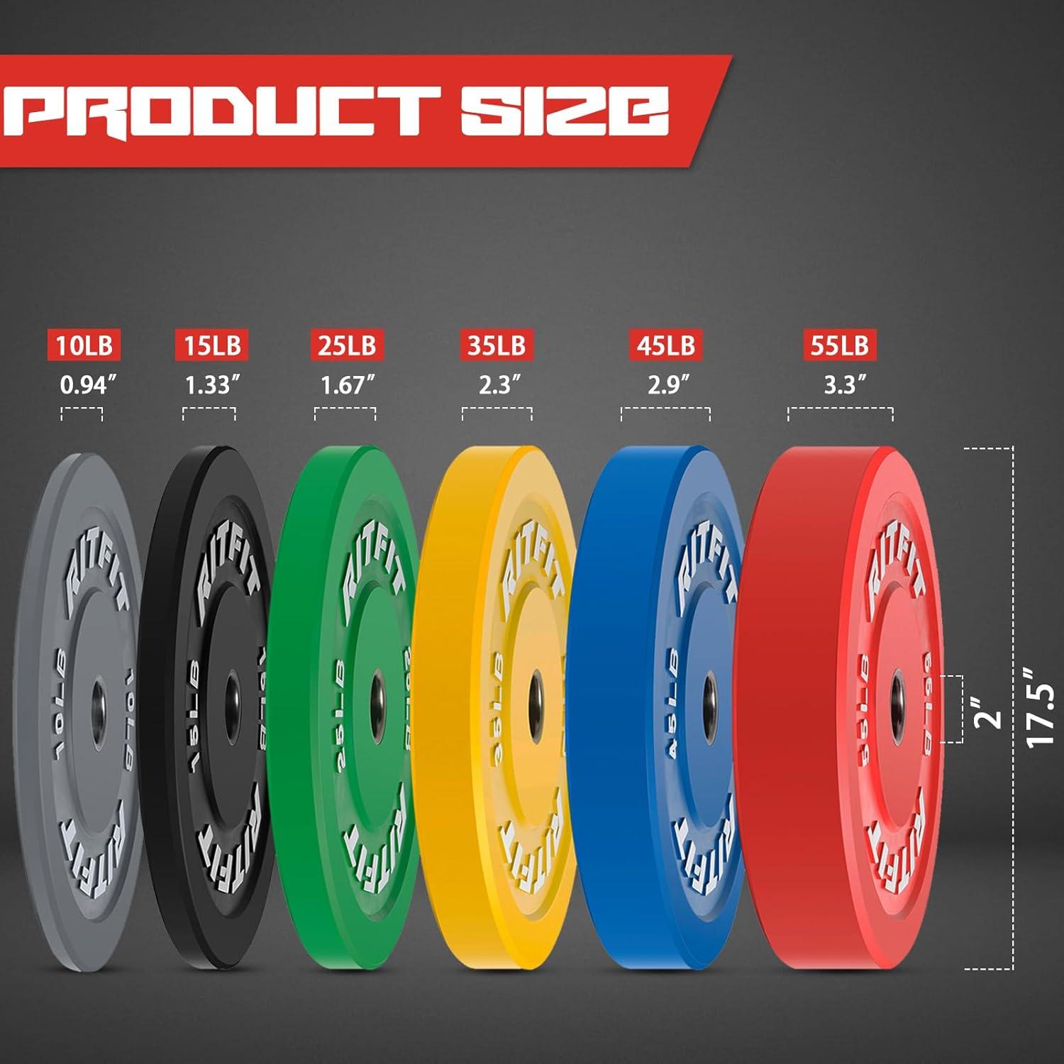 imageRitFit Color Coded Olympic Bumper Plate for Barbell 2Inch Weight Plates With Steel Insert Rubber Weights for Strength Training in Home Gym2X45LB