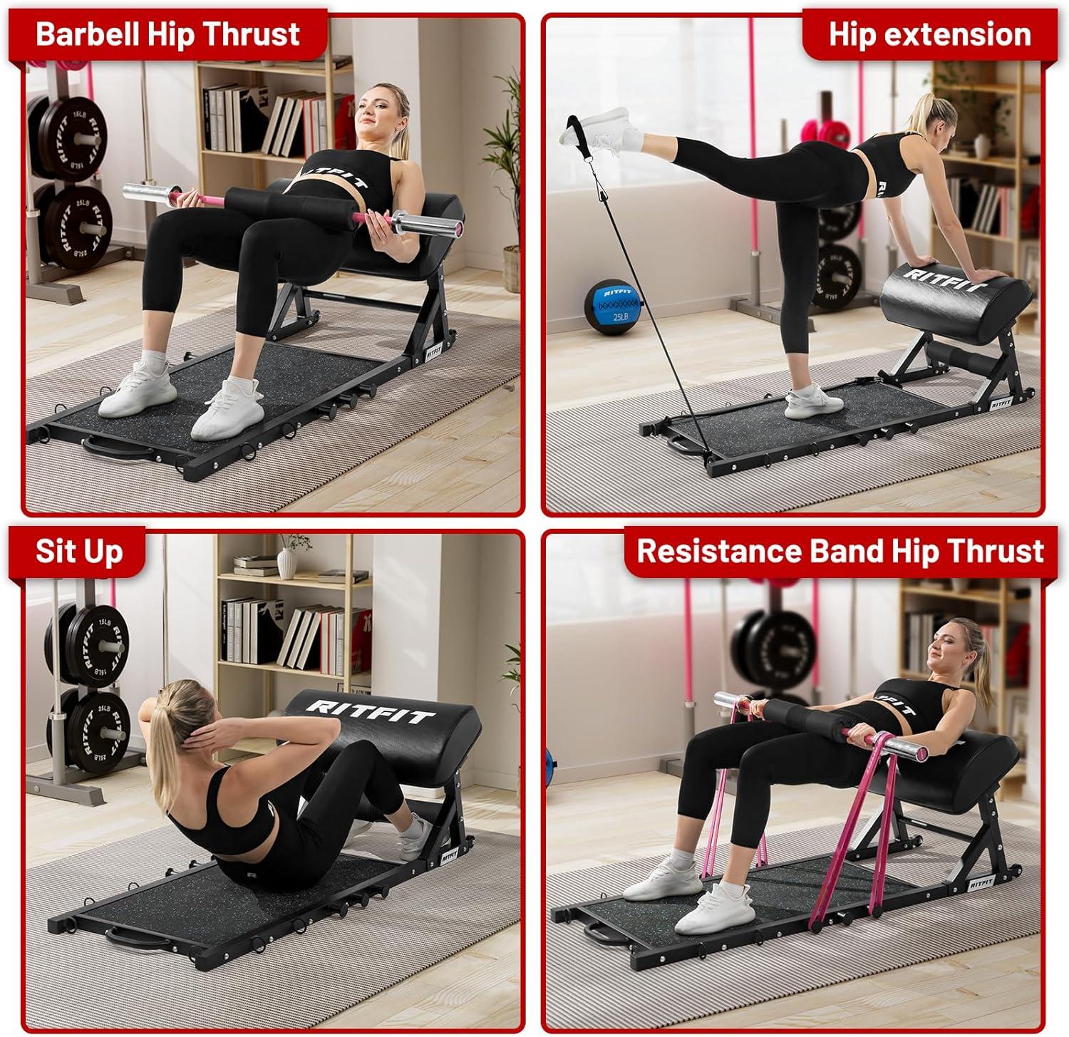 imageRitFit MultiFunction Hip Thrust Machine Bench Platform HTM800 800lbs Capacity Booty Workout Equipment with Thick Back Pad Barbell Hip Thrust Cover and Band Pegs for Glute Training Home Gym