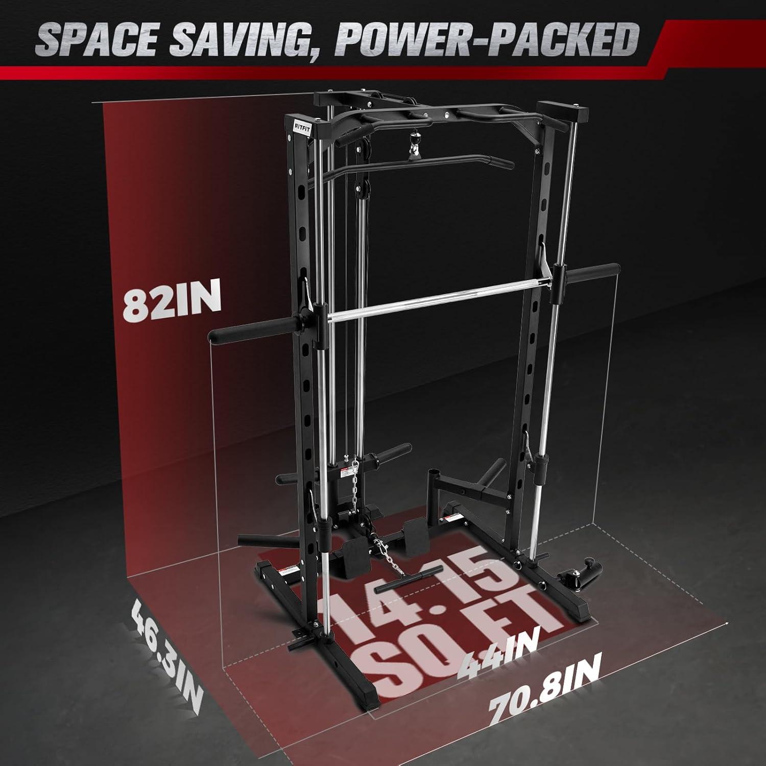 imageRitFit Smith Machine Power Rack with LATPull Down System Landmine Barbell Bar Plate Storage Pegs and More Training Attachment
