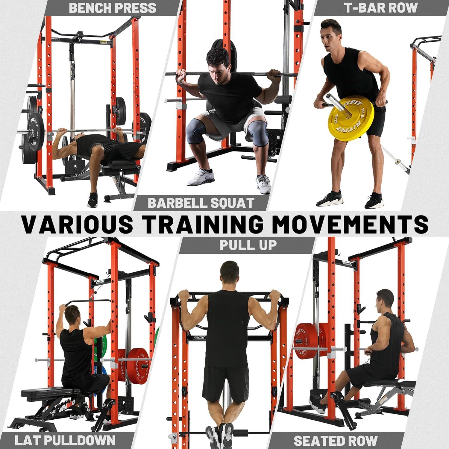 imageRitFit Squat Rack Power Cage Home Gym Package Includes 1000LBS Power Rack with Cable Crossover System Weight Bench Weight Plate Set with Olympic Barbell PPC02 Package 16K CLF BP 230LBSOrange