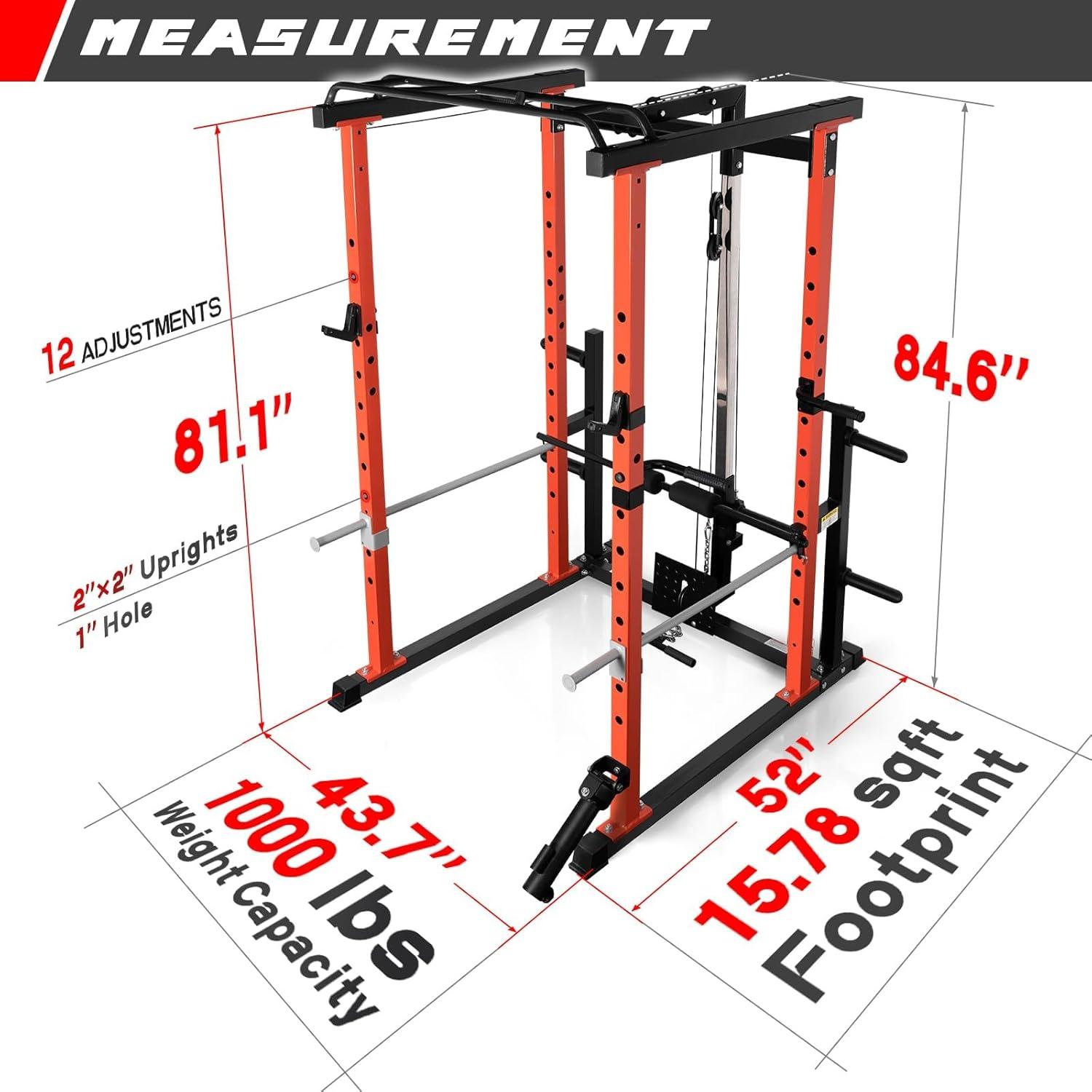 imageRitFit Squat Rack Power Cage Home Gym Package Includes 1000LBS Power Rack with Cable Crossover System Weight Bench Weight Plate Set with Olympic Barbell PPC02 Package 16K CLF BP 230LBSOrange