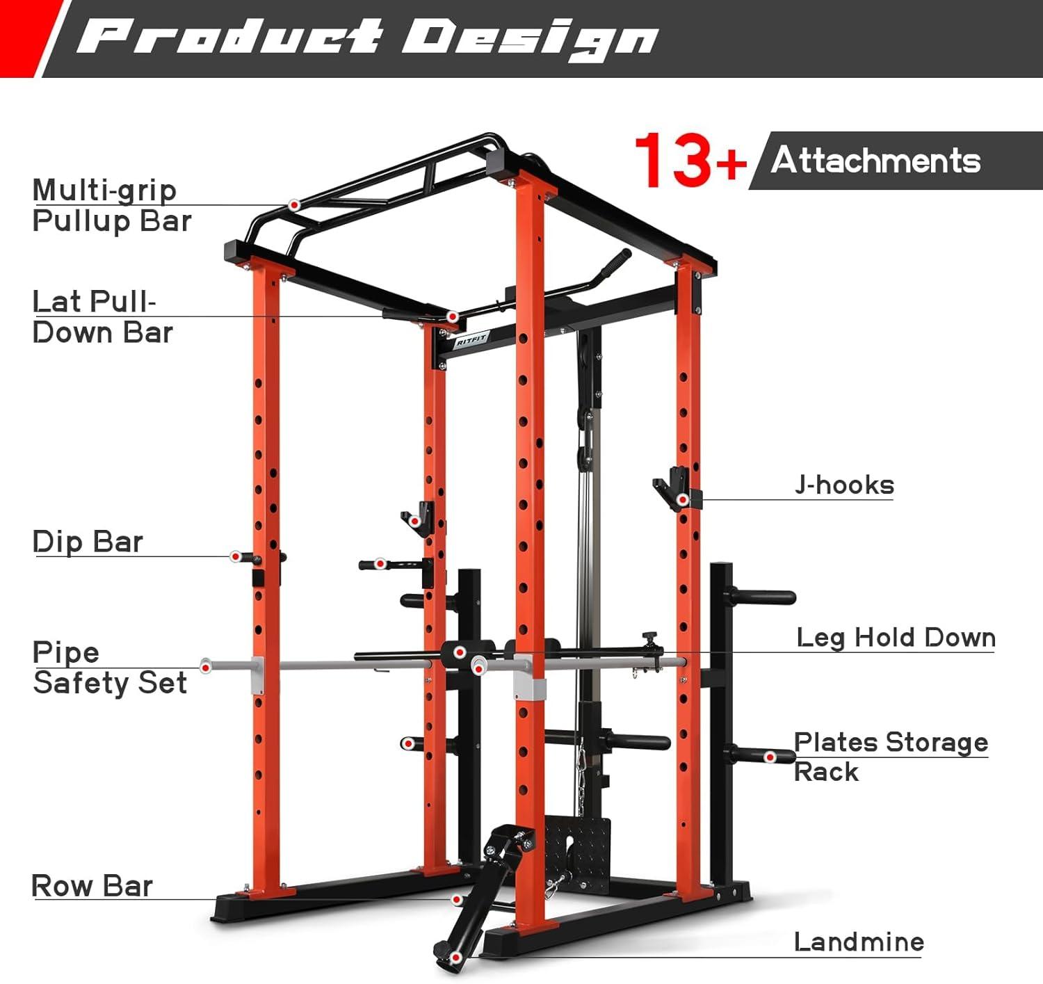 imageRitFit Squat Rack Power Cage Home Gym Package Includes 1000LBS Power Rack with Cable Crossover System Weight Bench Weight Plate Set with Olympic Barbell PPC02 Package 16K CLF BP 230LBSOrange