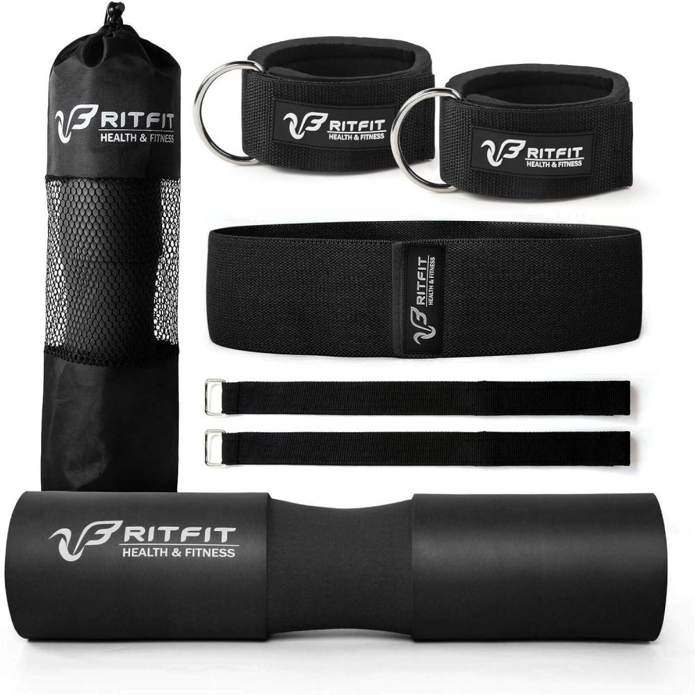 imageRitFit 7 Pcs Barbell Squat Pad Set with Resistance Band 2 Safety Straps 2 Gym Ankle Straps amp Carry Bag Upgraded Neck amp Shoulder Protective Pad Support for Squats Lunges amp Hip Thrust PinkBlackBlack