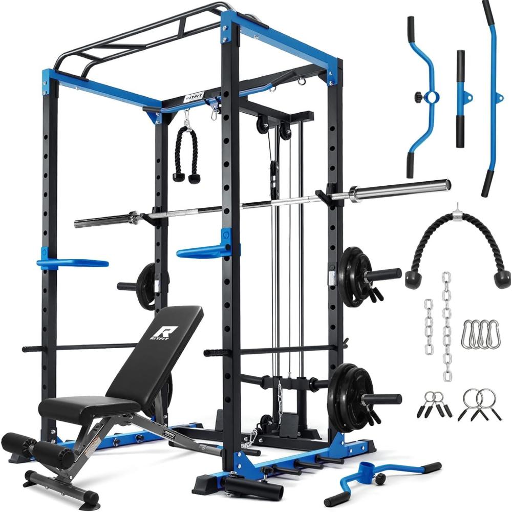 imageRitFit AllinOne Squat Rack for Home Gym PPC02C MultiFunction 1000 LBS Capacity Power Cage with LAT Pulldown Pulley System Dip Bar Landmine amp More Power Rack Attachments Package