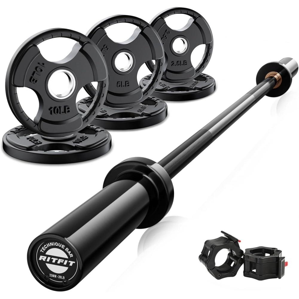 imageRitFit Barbell Weight Set 46FT Olympic Barbell with Weight Plates 55275LB Total Weightlifting Equipment for Squats Curls Deadlifts Presses Hip ThrustsBlack