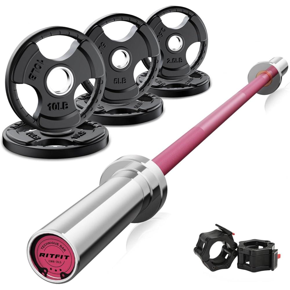 imageRitFit Barbell Weight Set 46FT Olympic Barbell with Weight Plates 55275LB Total Weightlifting Equipment for Squats Curls Deadlifts Presses Hip ThrustsPink