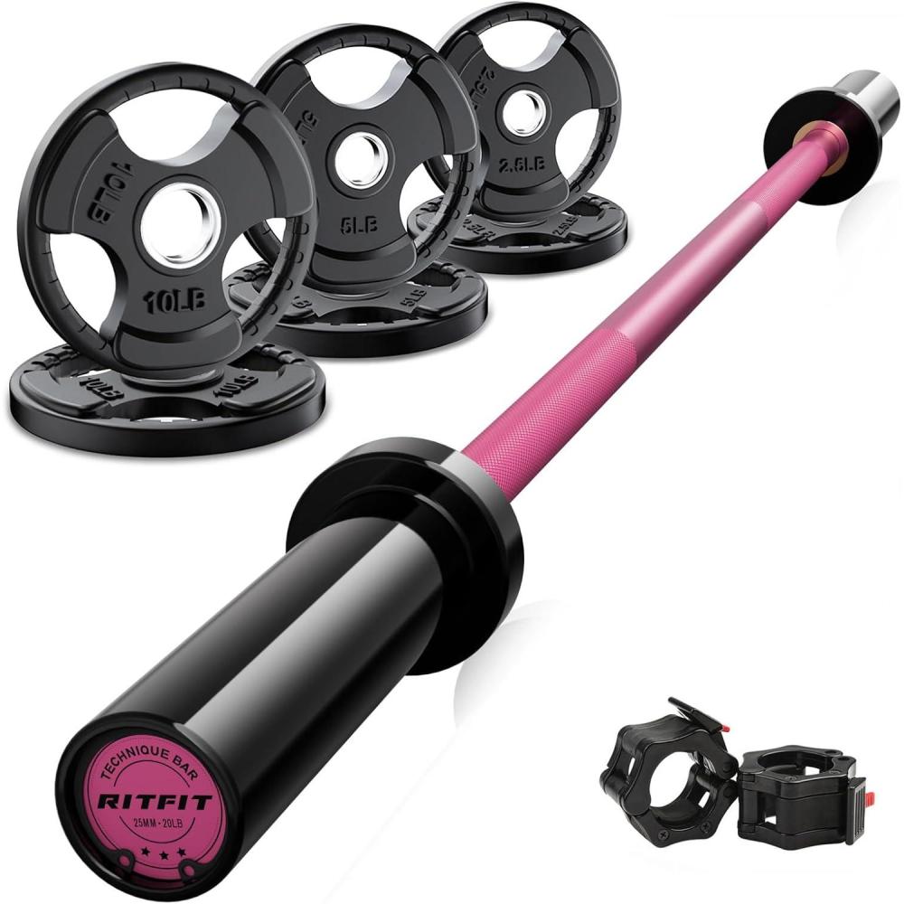 imageRitFit Barbell Weight Set 46FT Olympic Barbell with Weight Plates 55275LB Total Weightlifting Equipment for Squats Curls Deadlifts Presses Hip ThrustsBlackPink