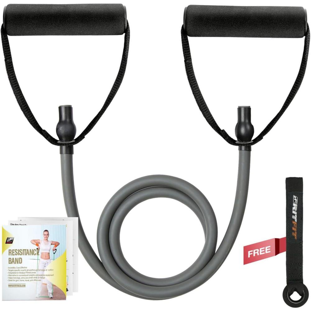 imageRitFit Single Resistance Exercise Band with Comfortable Handles Ideal for Physical Therapy Strength Training Muscle Toning Door Anchor and Starter Guide IncludedGray3540lbs